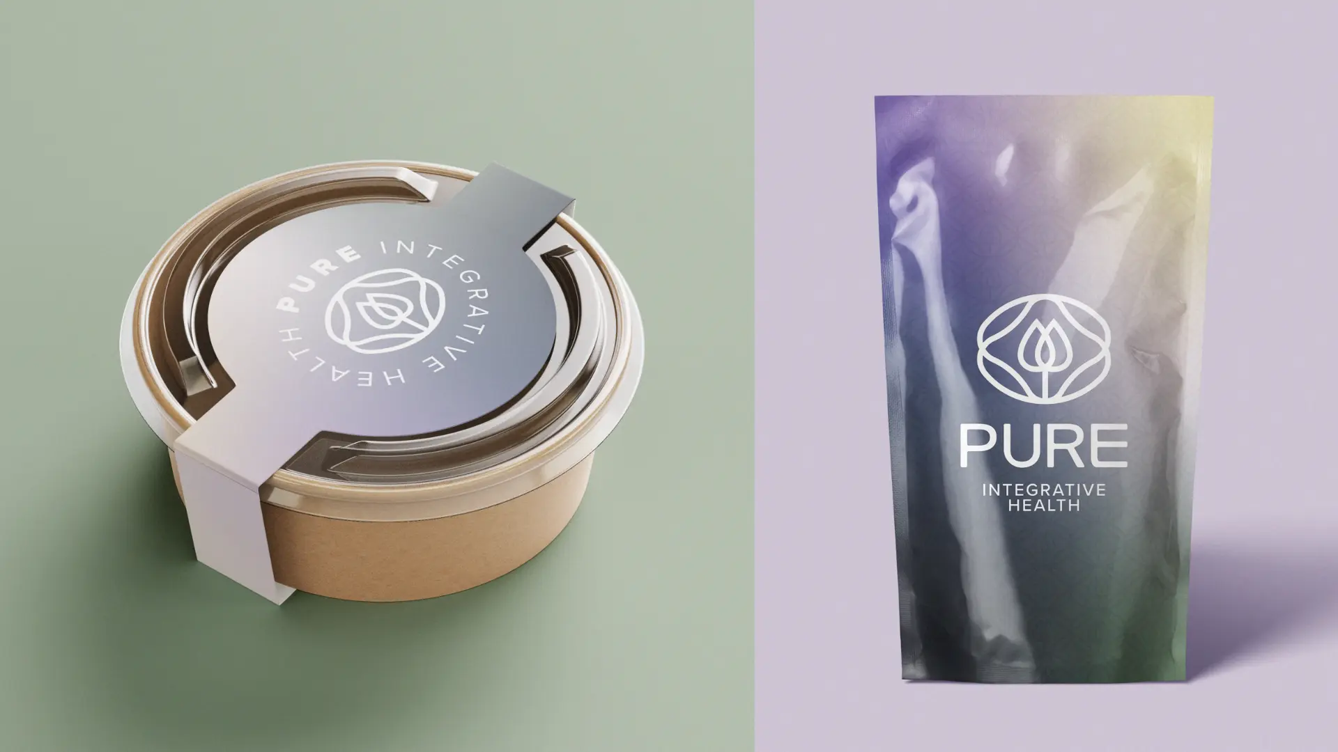Pure Integrative Health brand applications — food container and pouch packaging mockups