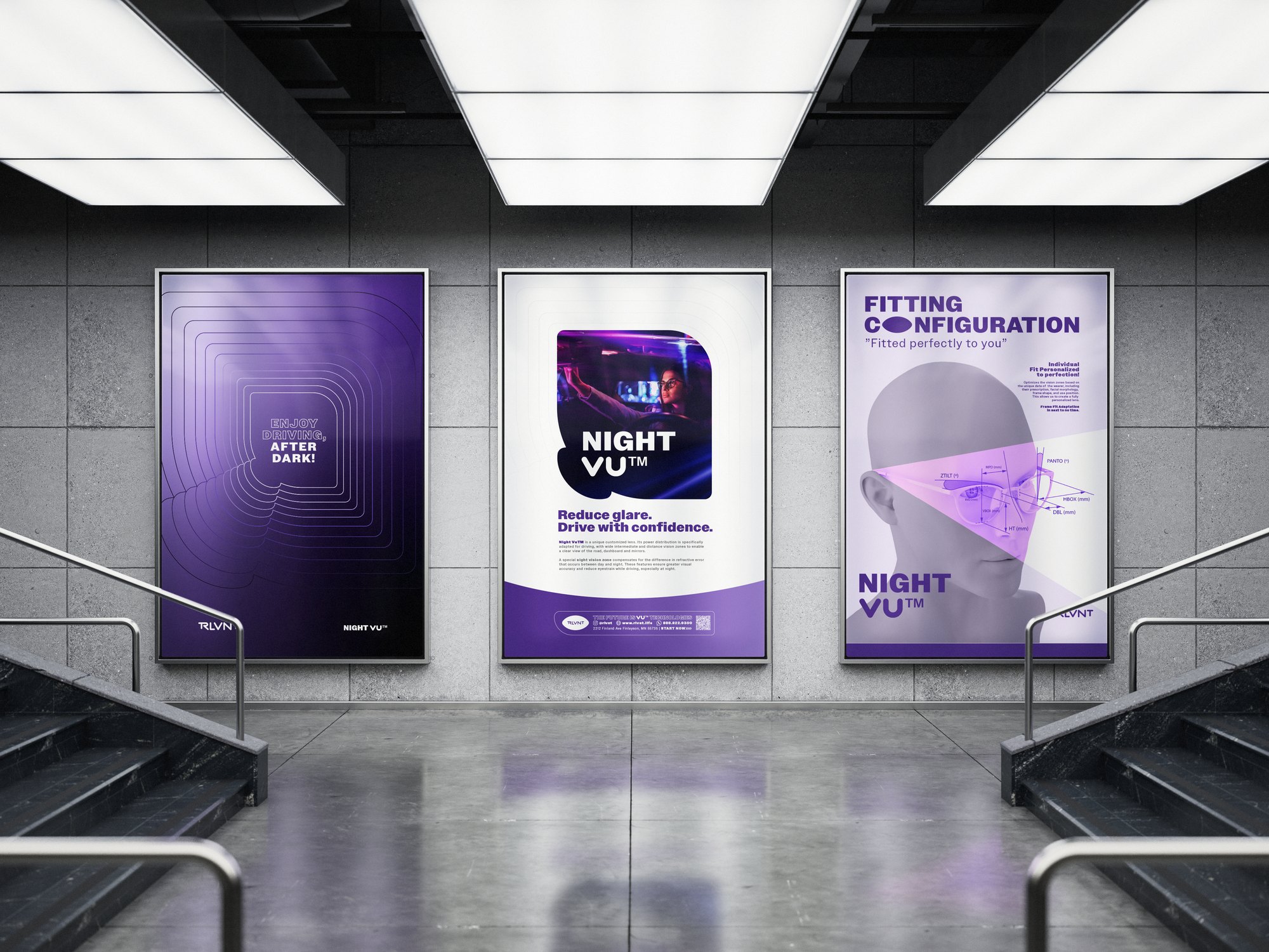 RLVNT NightVU branding — three large-format banner mockups