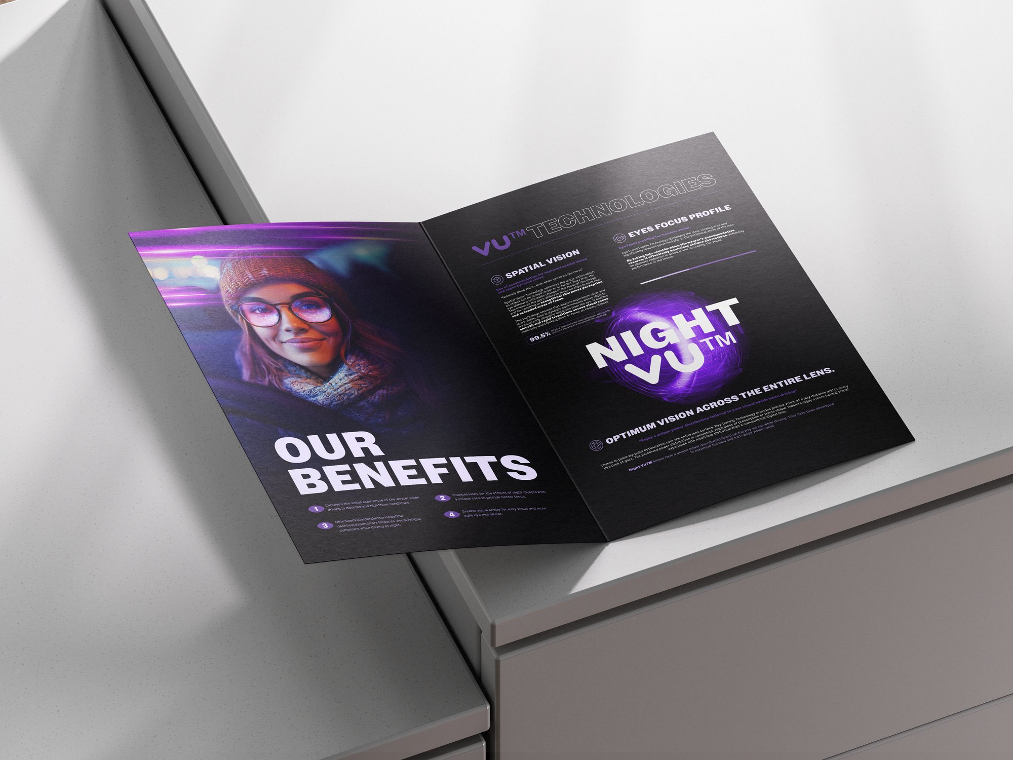 RLVNT NightVU branding — open brochure mockup