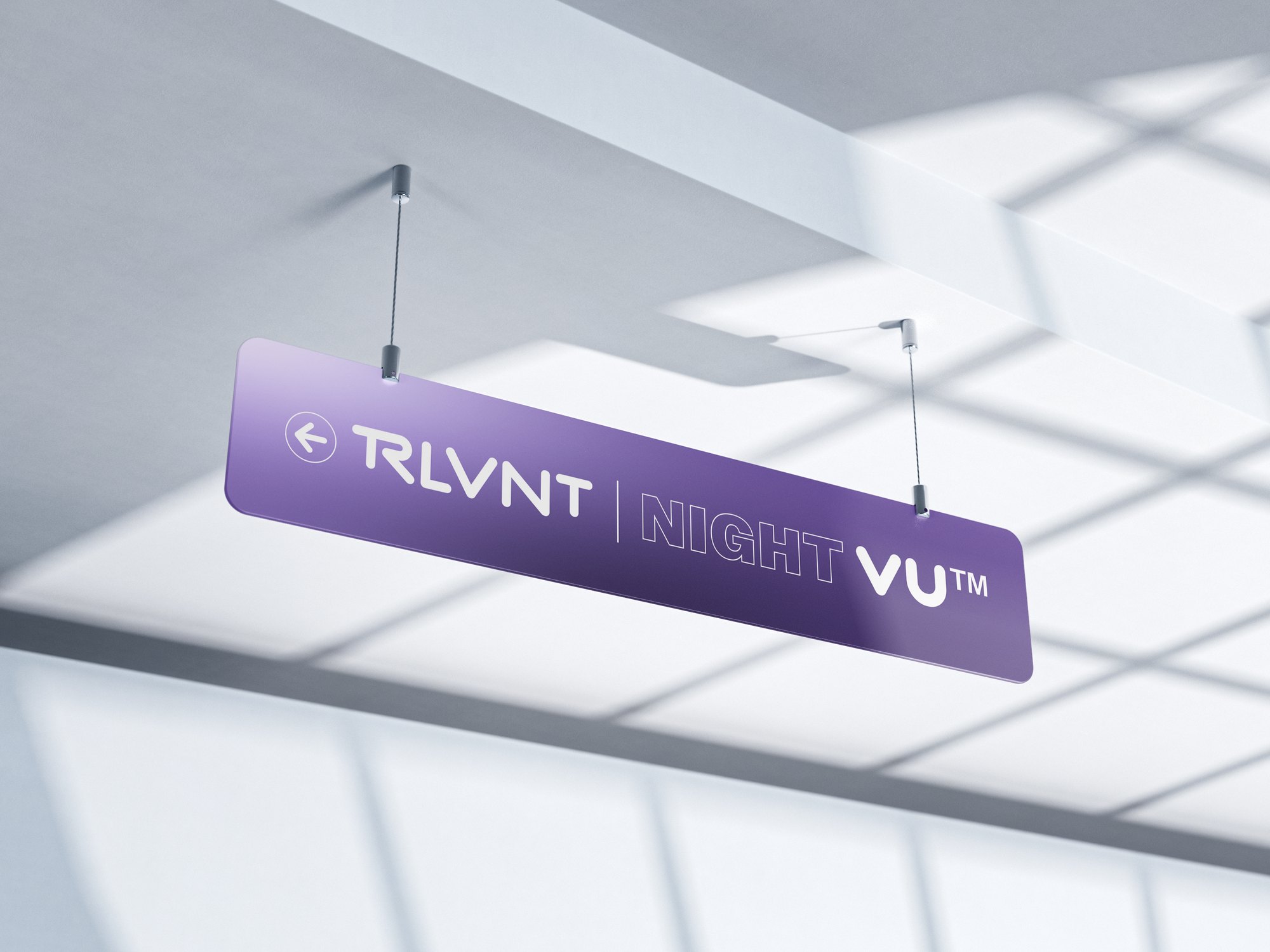 RLVNT NightVU branding — overhead direction sign mockup