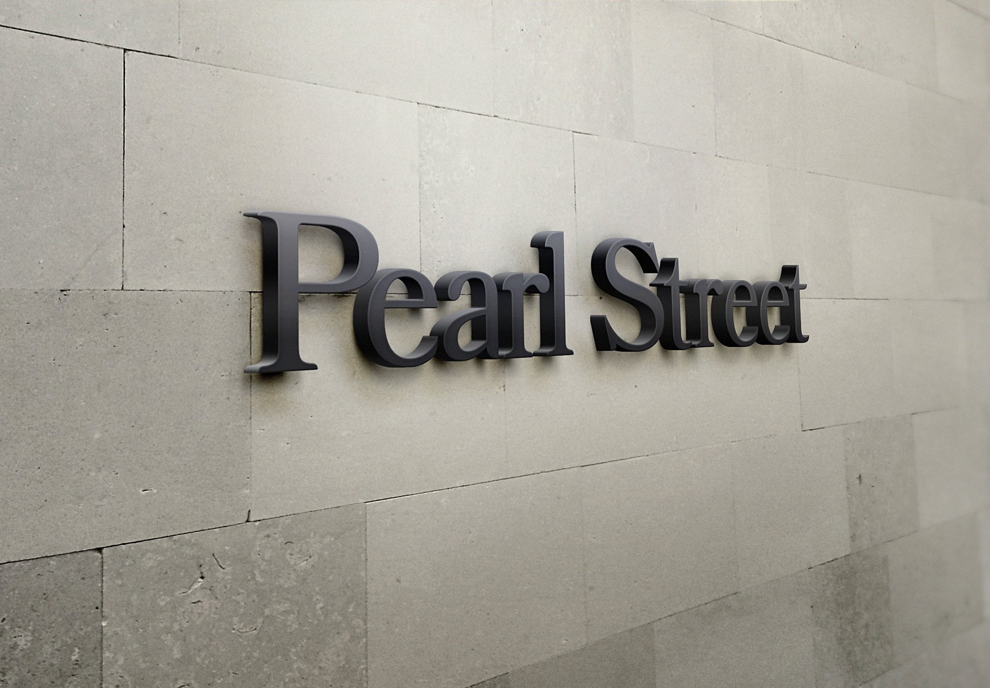 Pearl Street Wealth Partners identity — dimensional wall wordmark mockup
