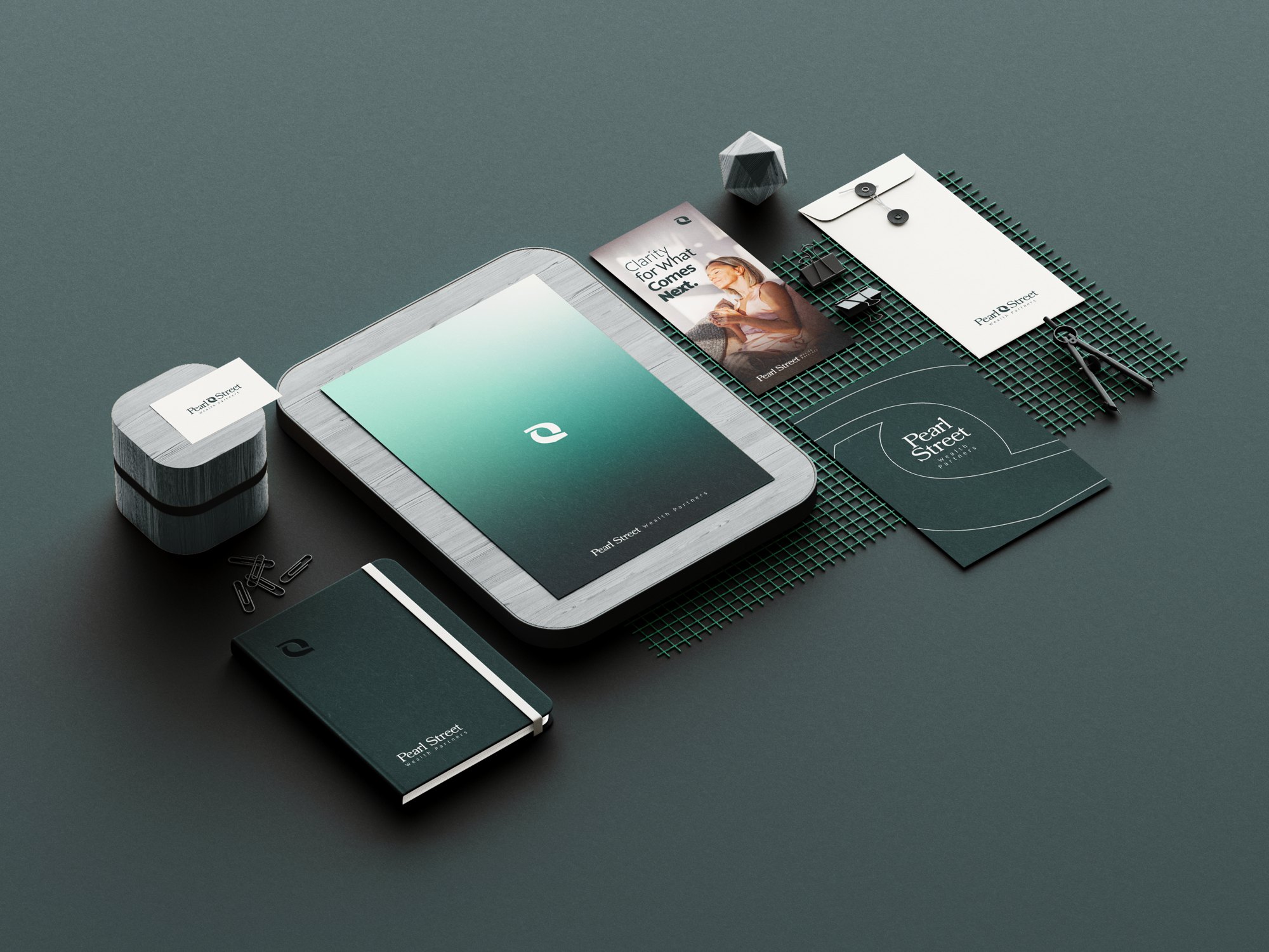 Pearl Street Wealth Partners brand identity — coordinated stationery mockups
