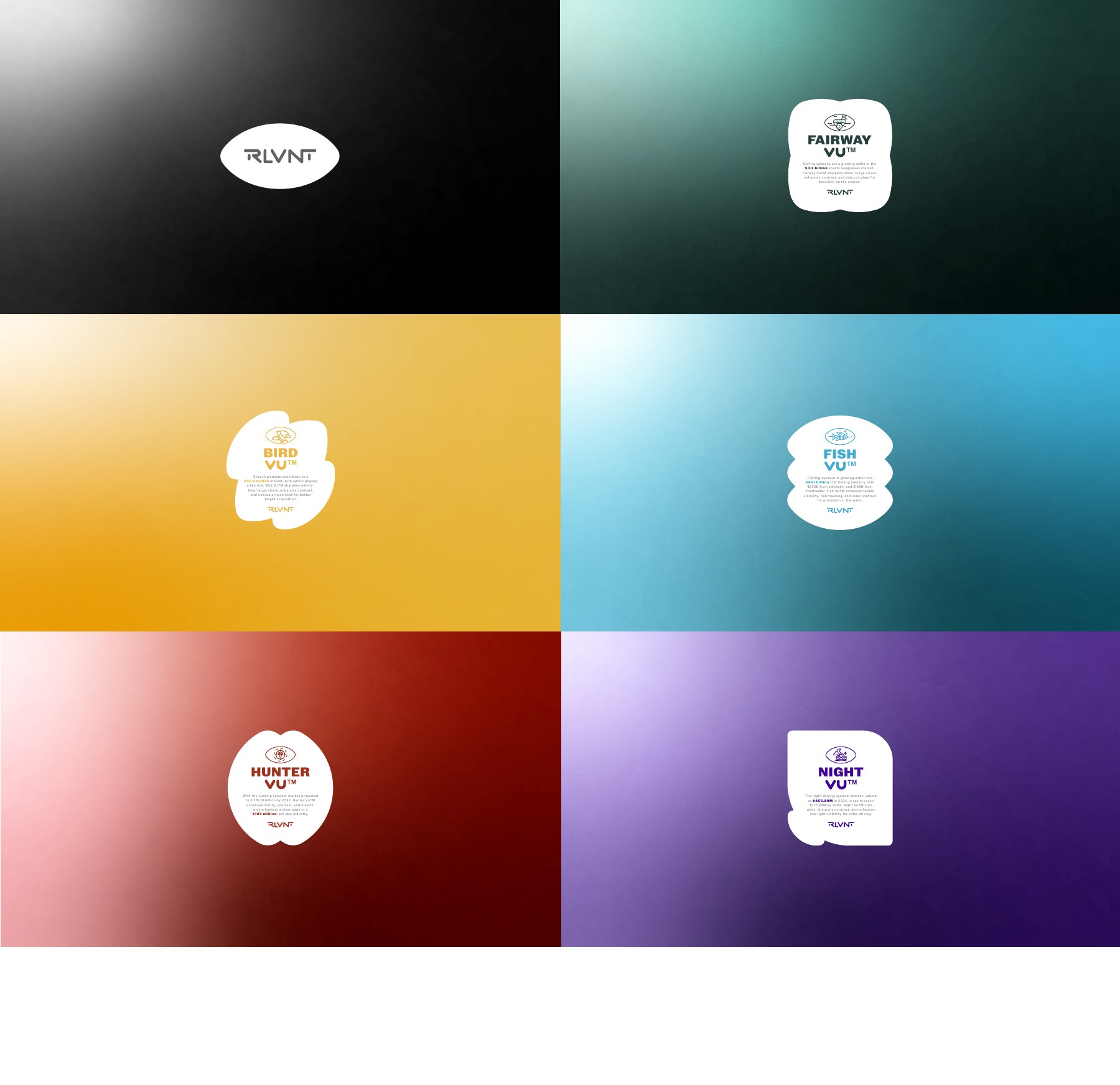 RLVNT identity — product badges on coordinated technology backgrounds