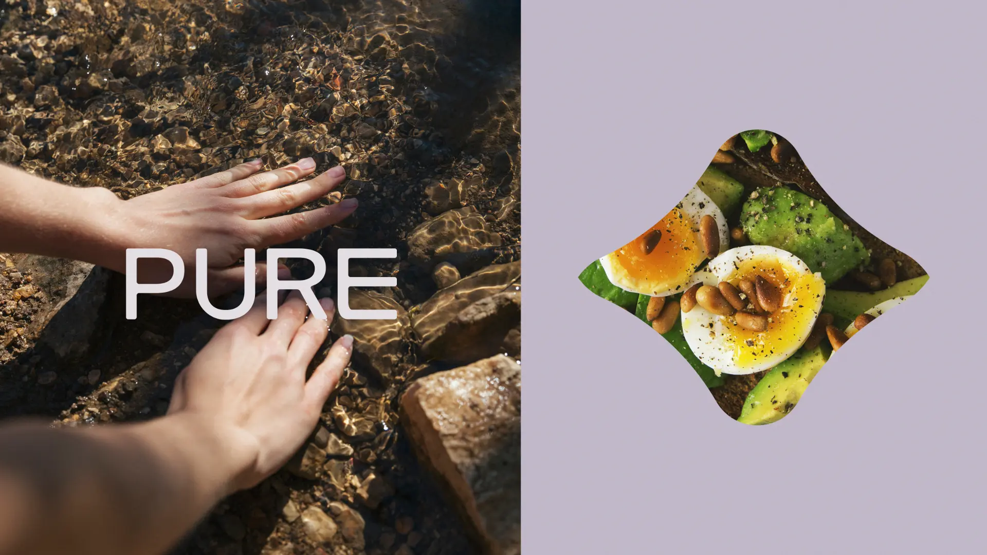 Pure Integrative Health moodboard — hands in flowing water and food photography in a brand shape