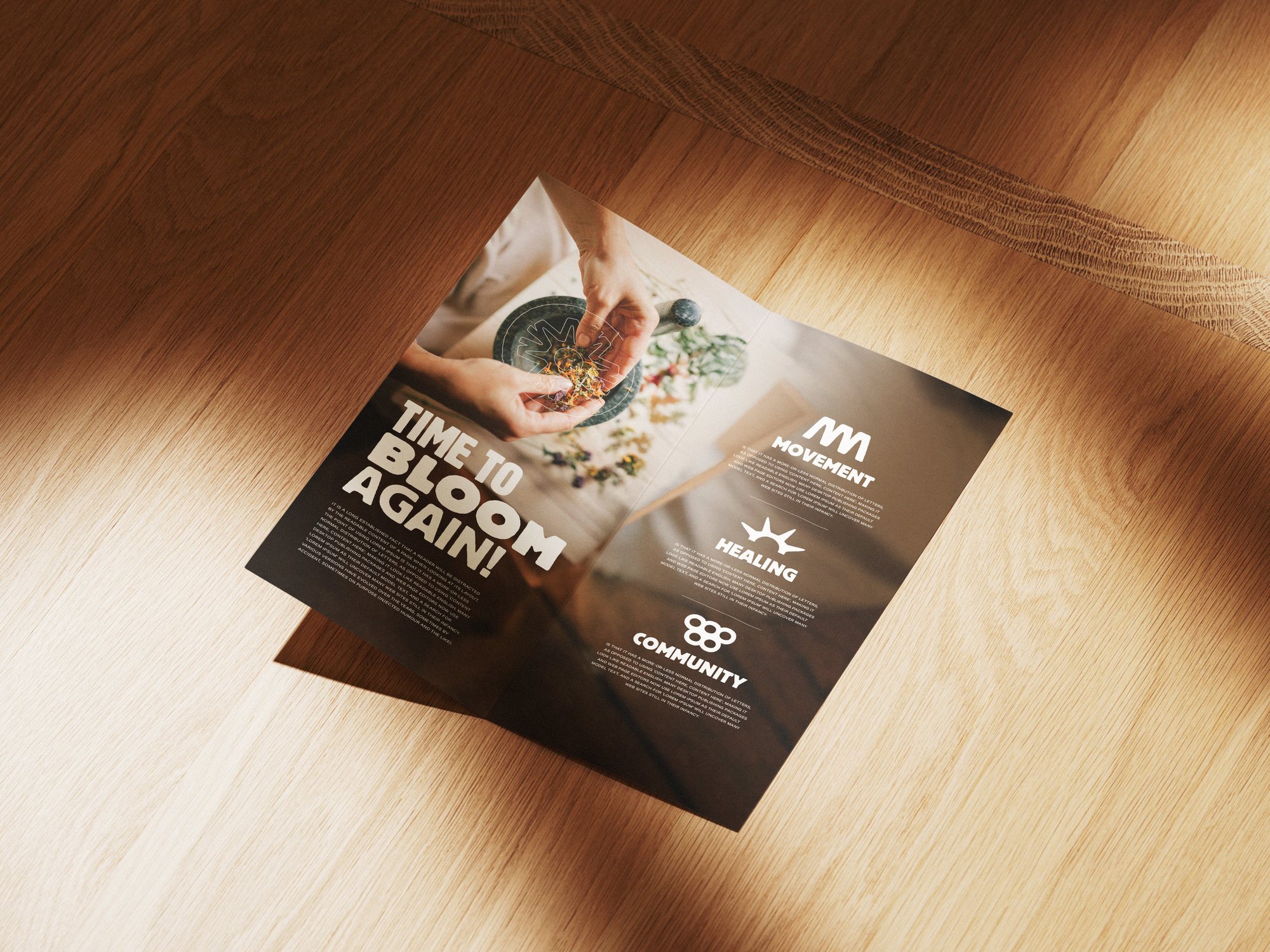 Agile Healing Arts branding — folded flyer — Time to Bloom Again mockup
