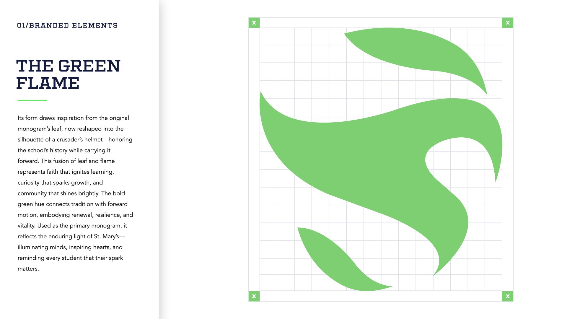 St. Mary’s school branding exercise — Green flame monogram construction and design rationale