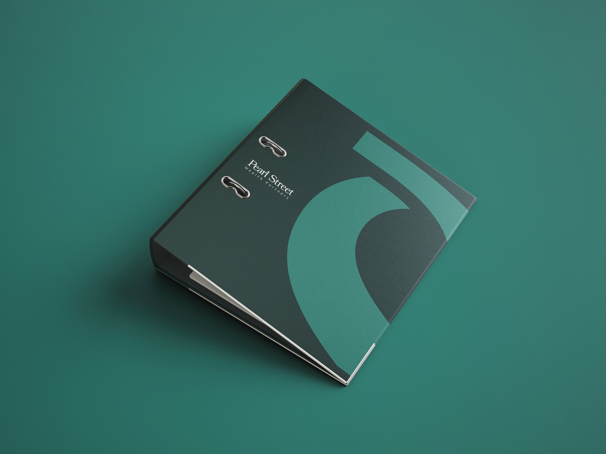 Pearl Street Wealth Partners branding — binder mockup with green symbol