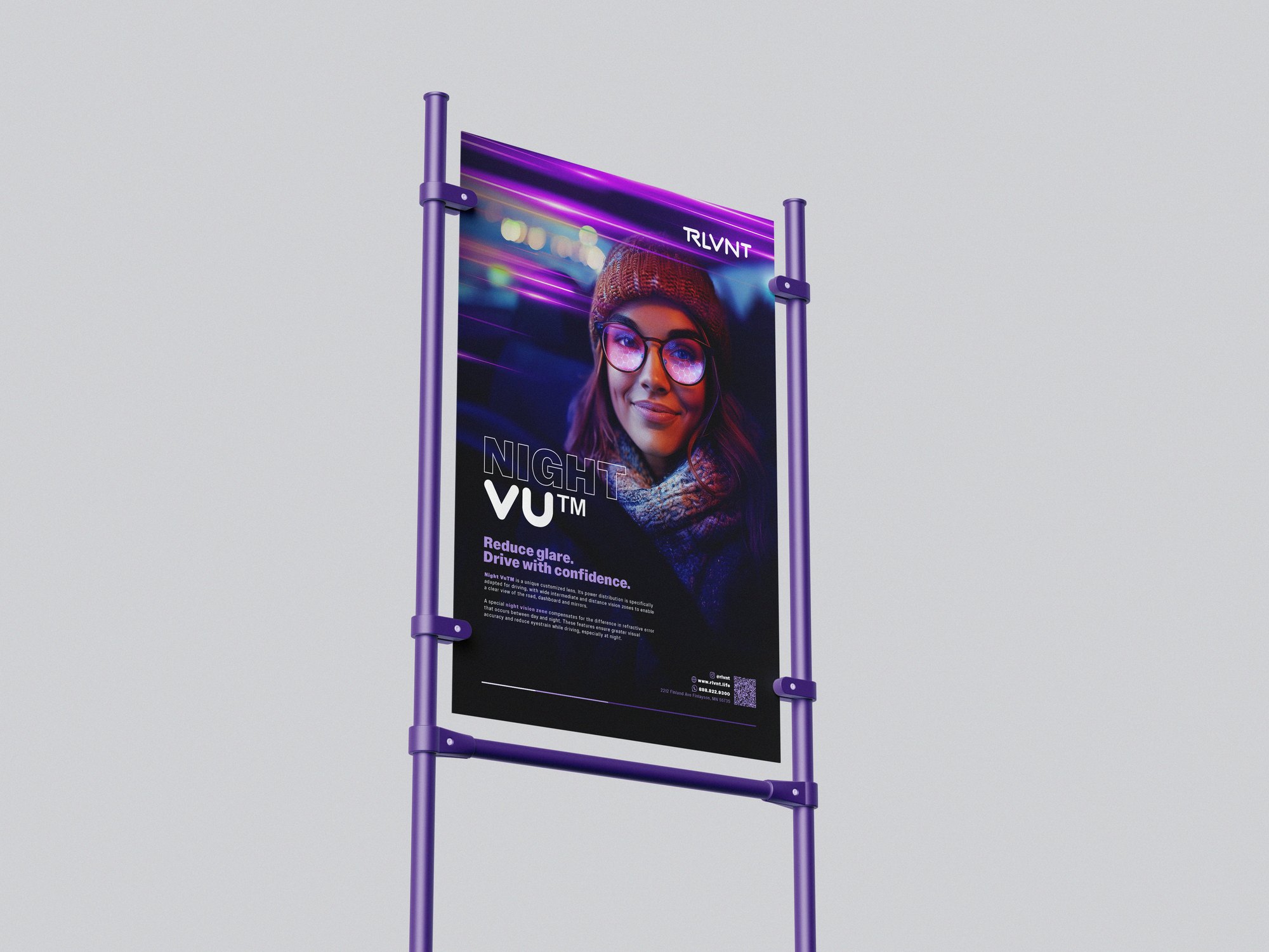 RLVNT NightVU branding — suspended poster frame mockup