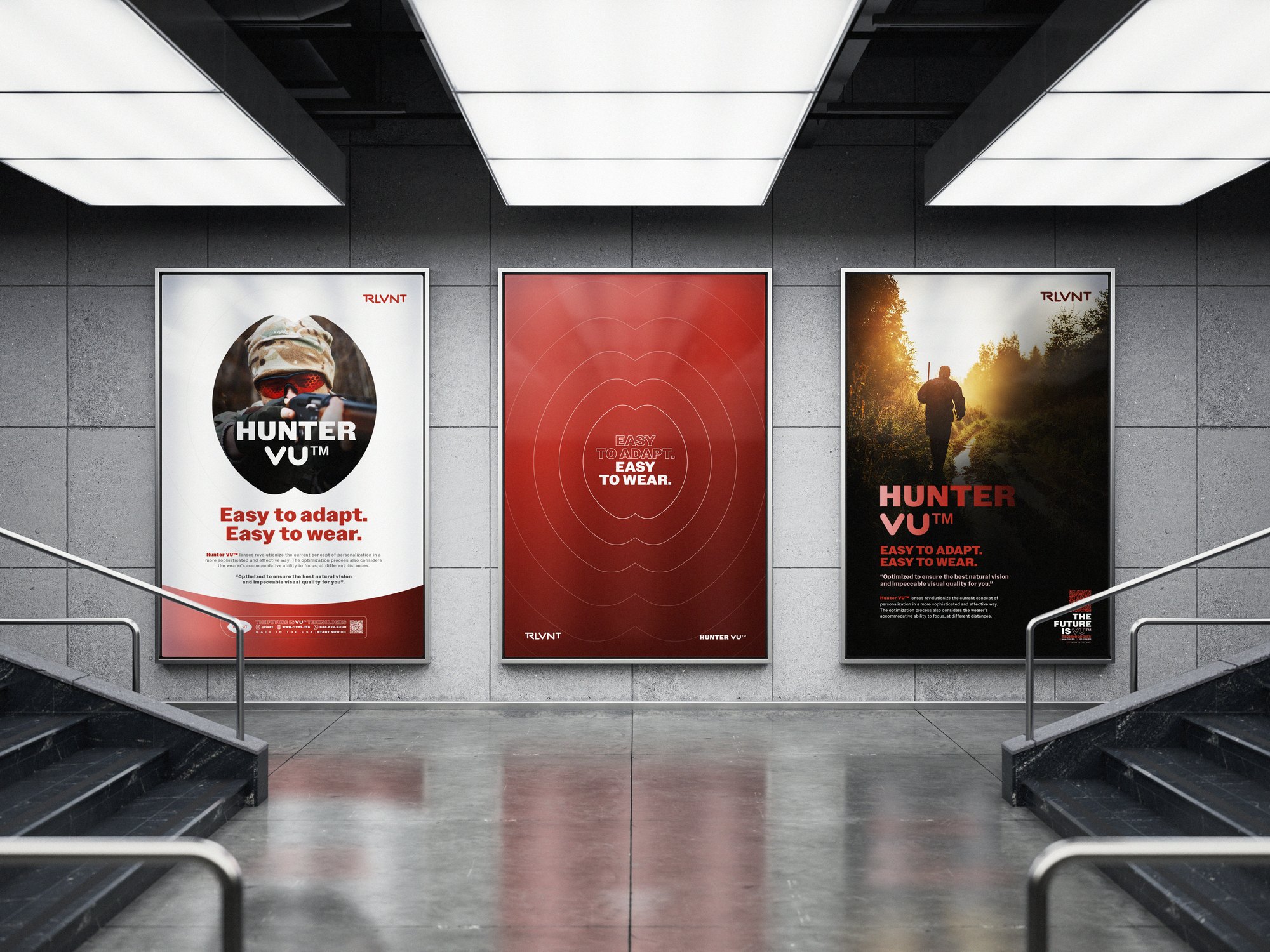 RLVNT HunterVU branding — three large-format banner mockups