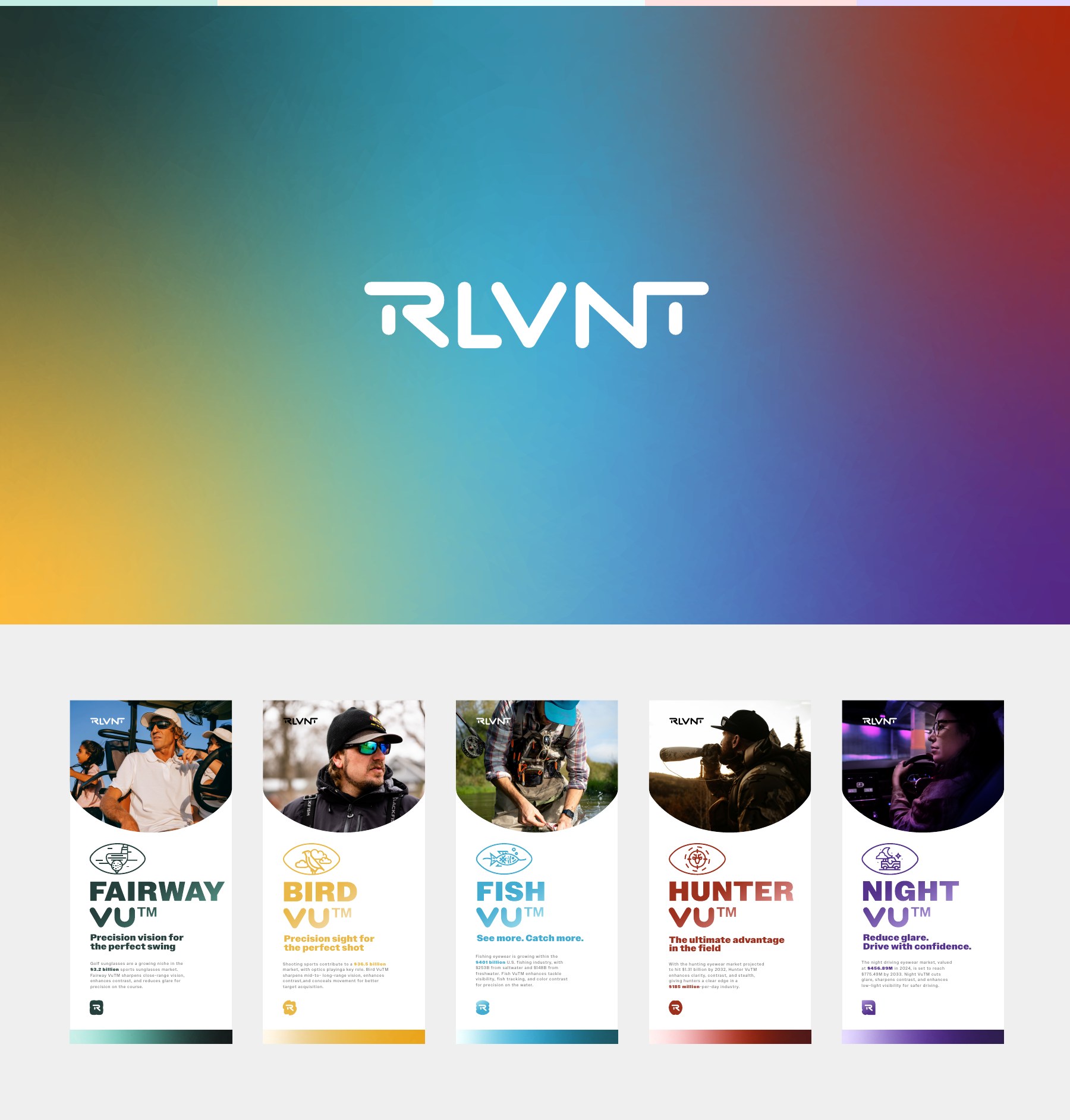 RLVNT wordmark on the technology color spectrum and five product communication layouts