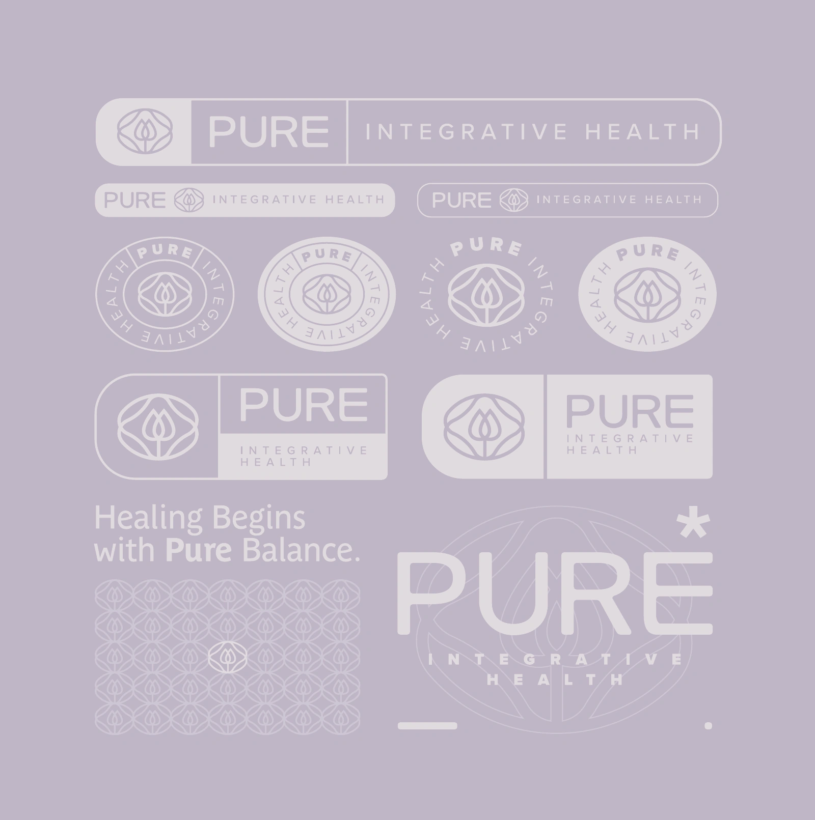 Pure Integrative Health brand guide — badges, seals and Healing Begins with Pure Balance message