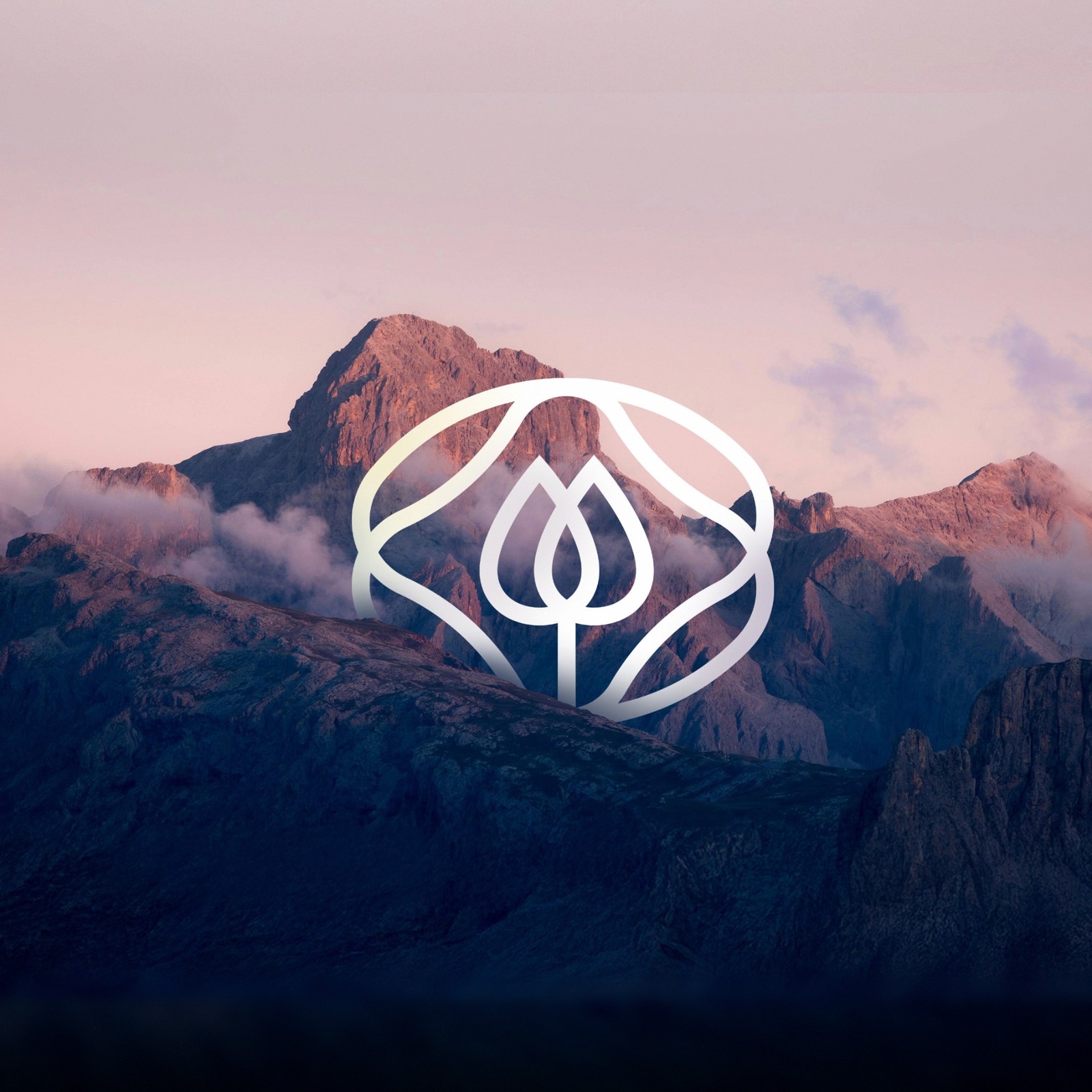 Pure Integrative Health brand emblem rising between twilight mountain peaks