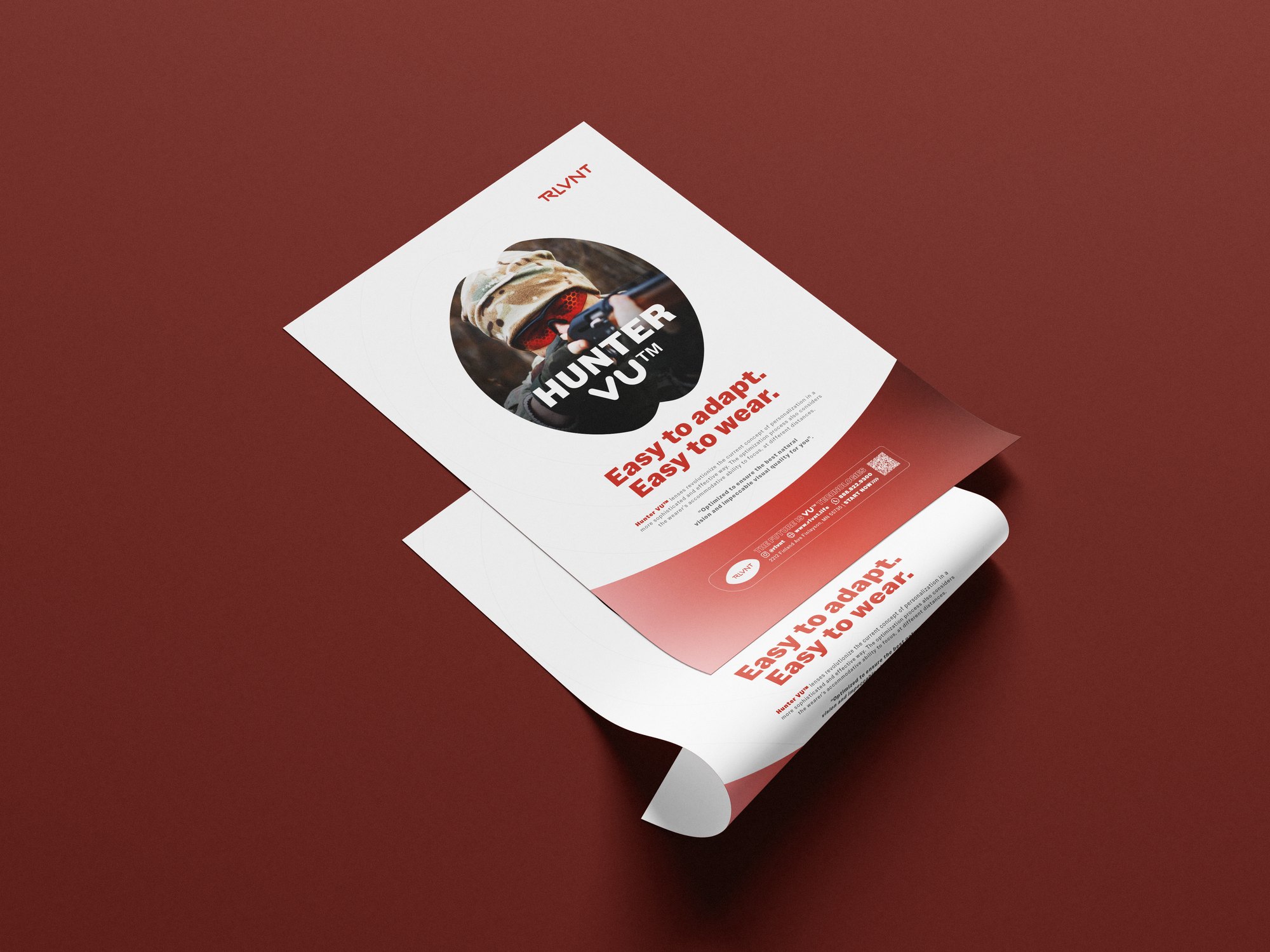 RLVNT HunterVU branding — rolled poster on a red background