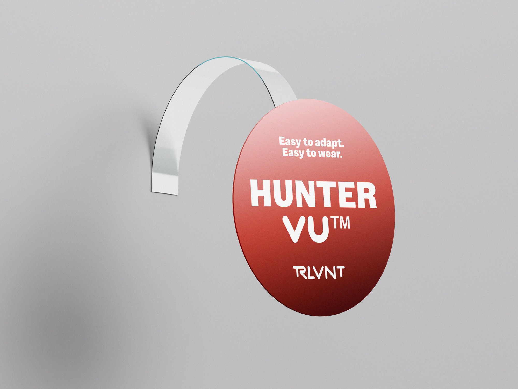 RLVNT HunterVU branding — red circular display wobbler mockup