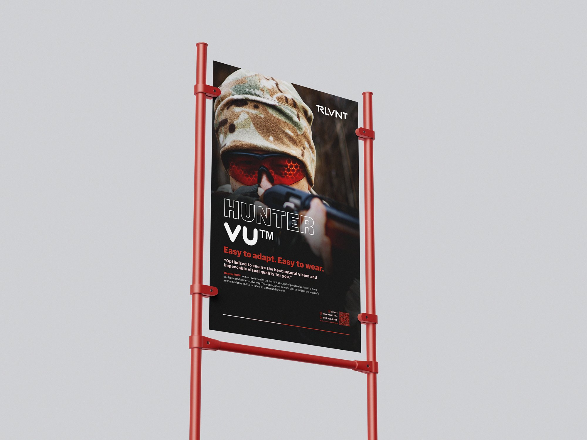 RLVNT HunterVU branding — suspended poster frame mockup