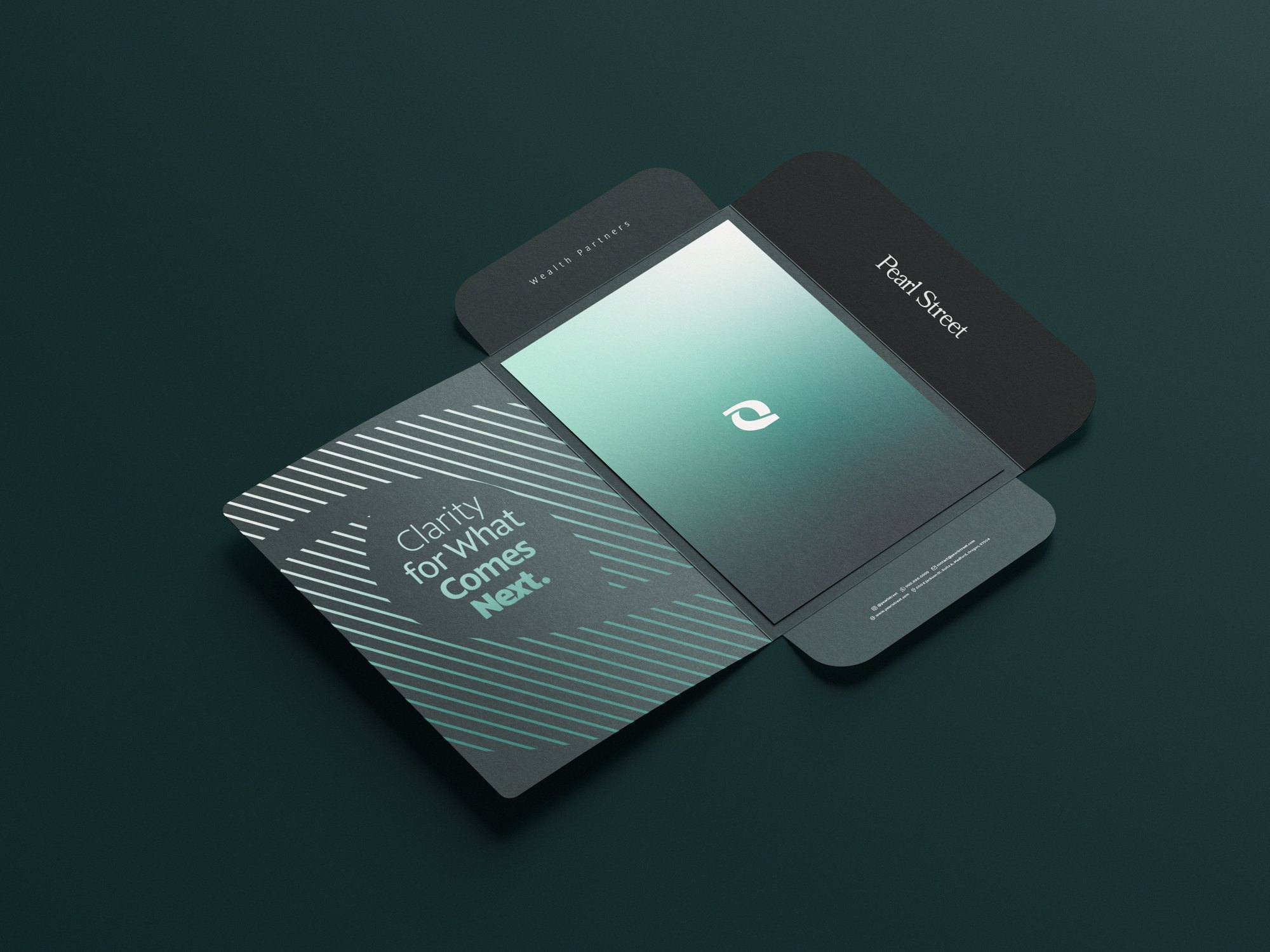 Pearl Street Wealth Partners identity — presentation folder mockup