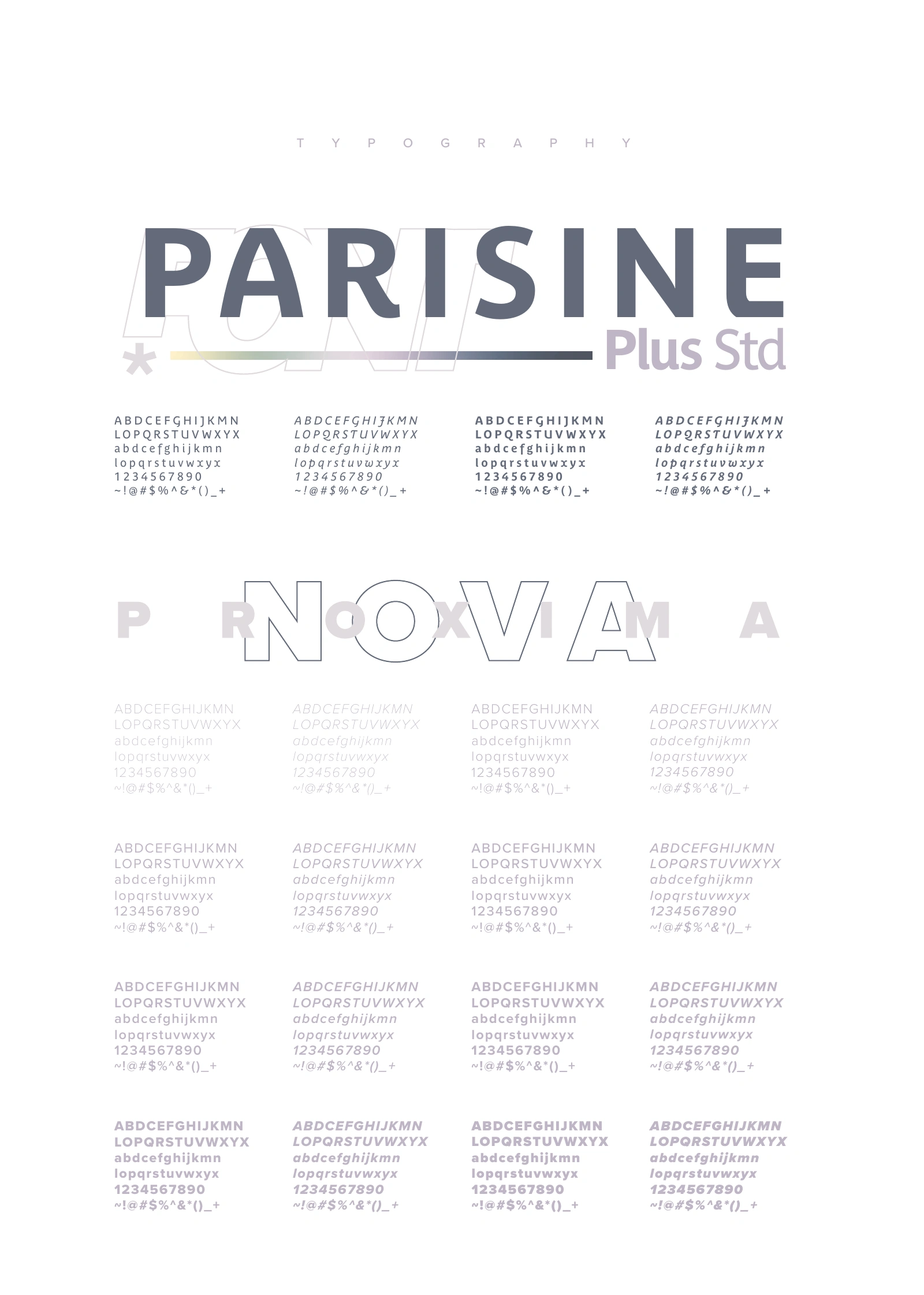 Pure Integrative Health brand guide — Parisine Plus Std and Novam typography specimens