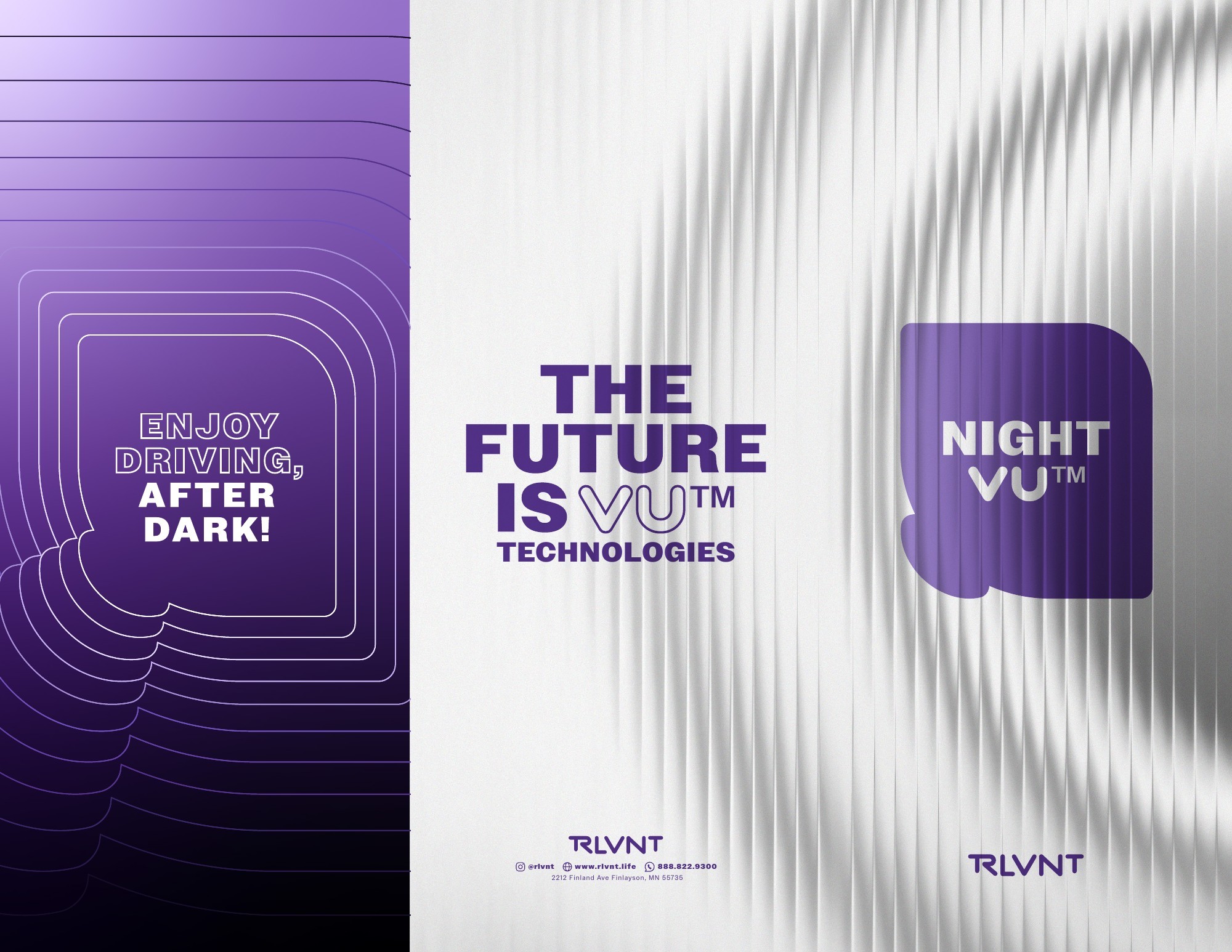 RLVNT NightVU trifold brochure — exterior purple and white panels