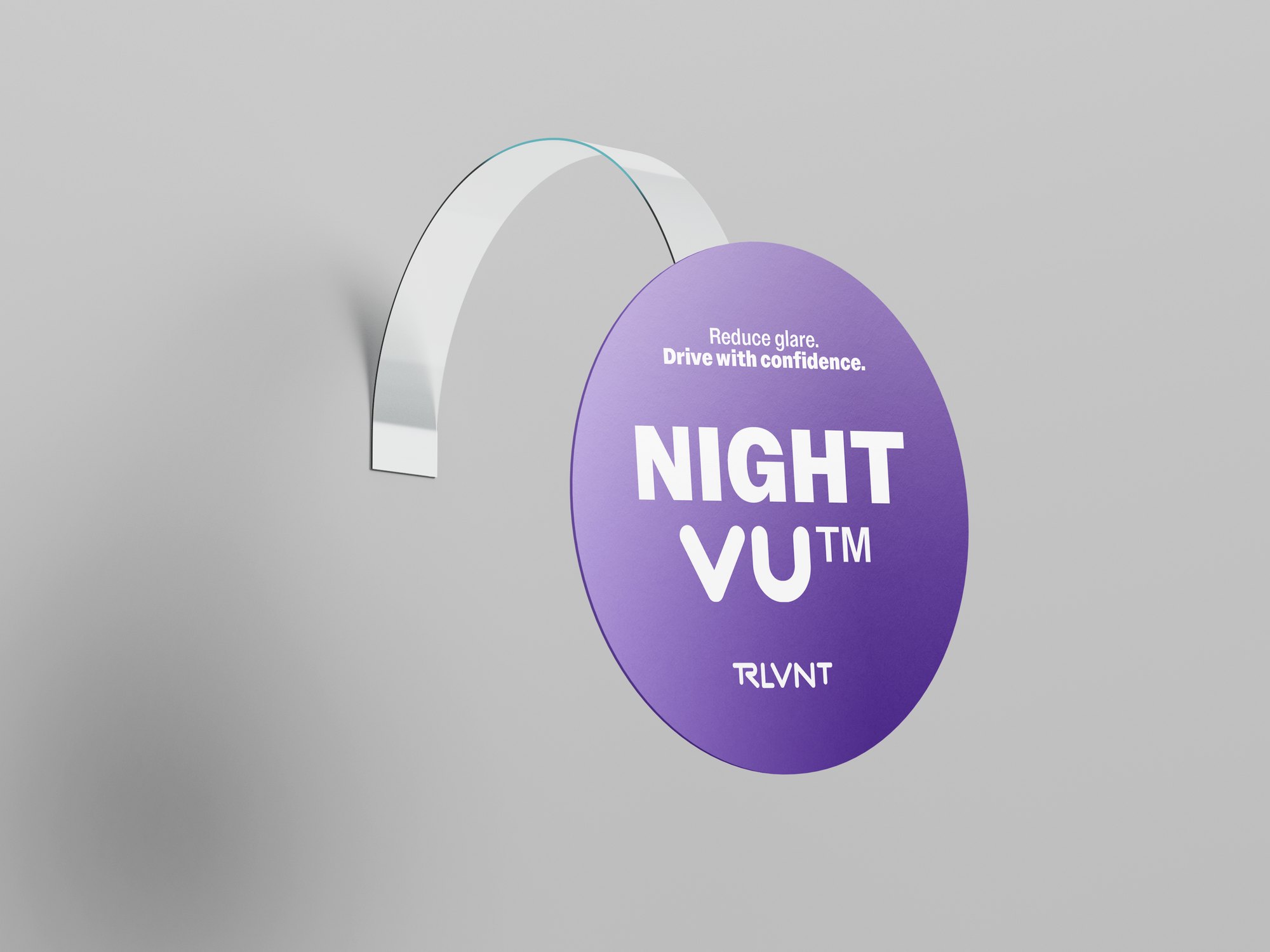 RLVNT NightVU branding — purple circular display wobbler mockup