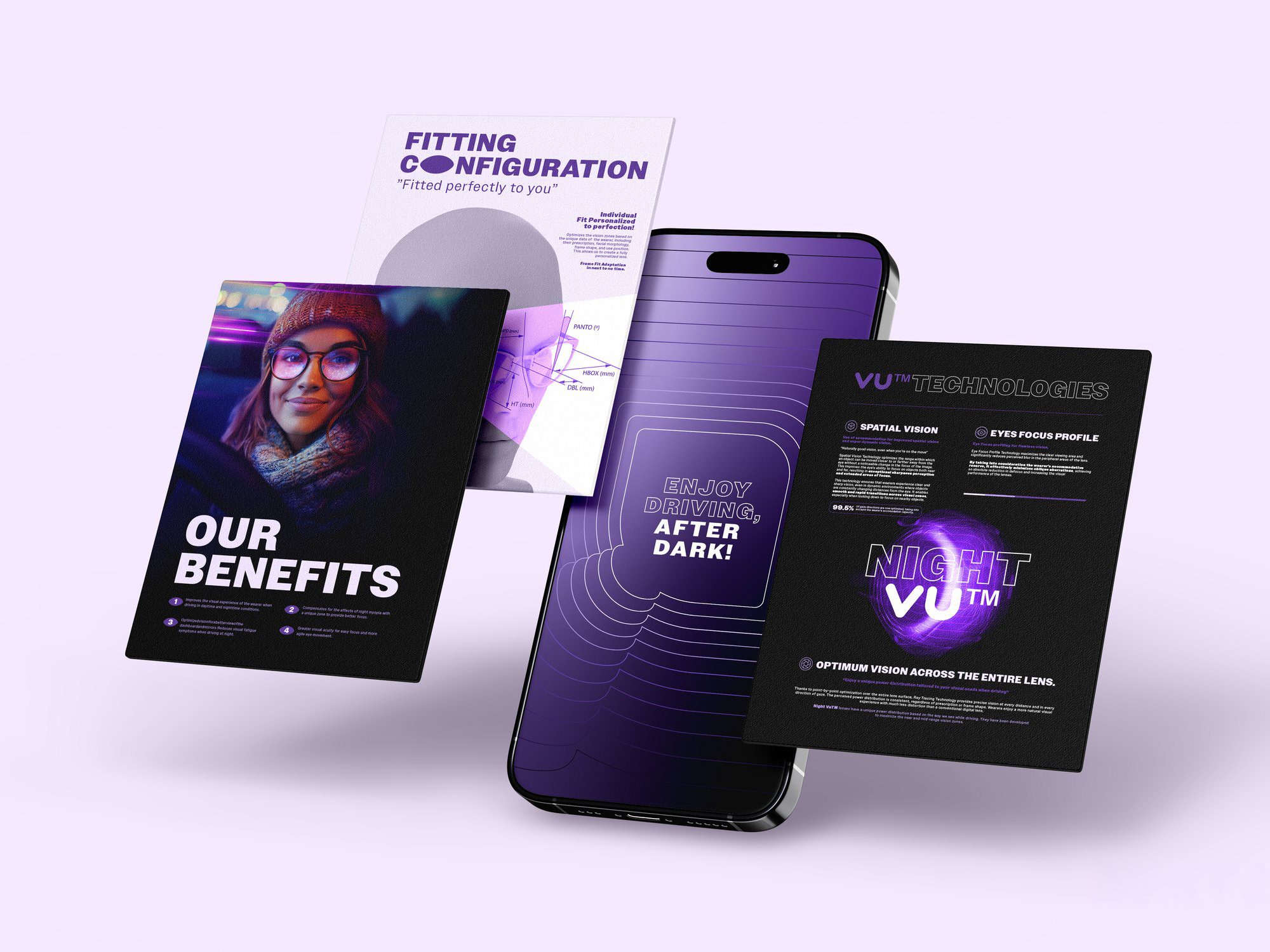 RLVNT NightVU branding — phone with floating benefit, fitting and technology cards