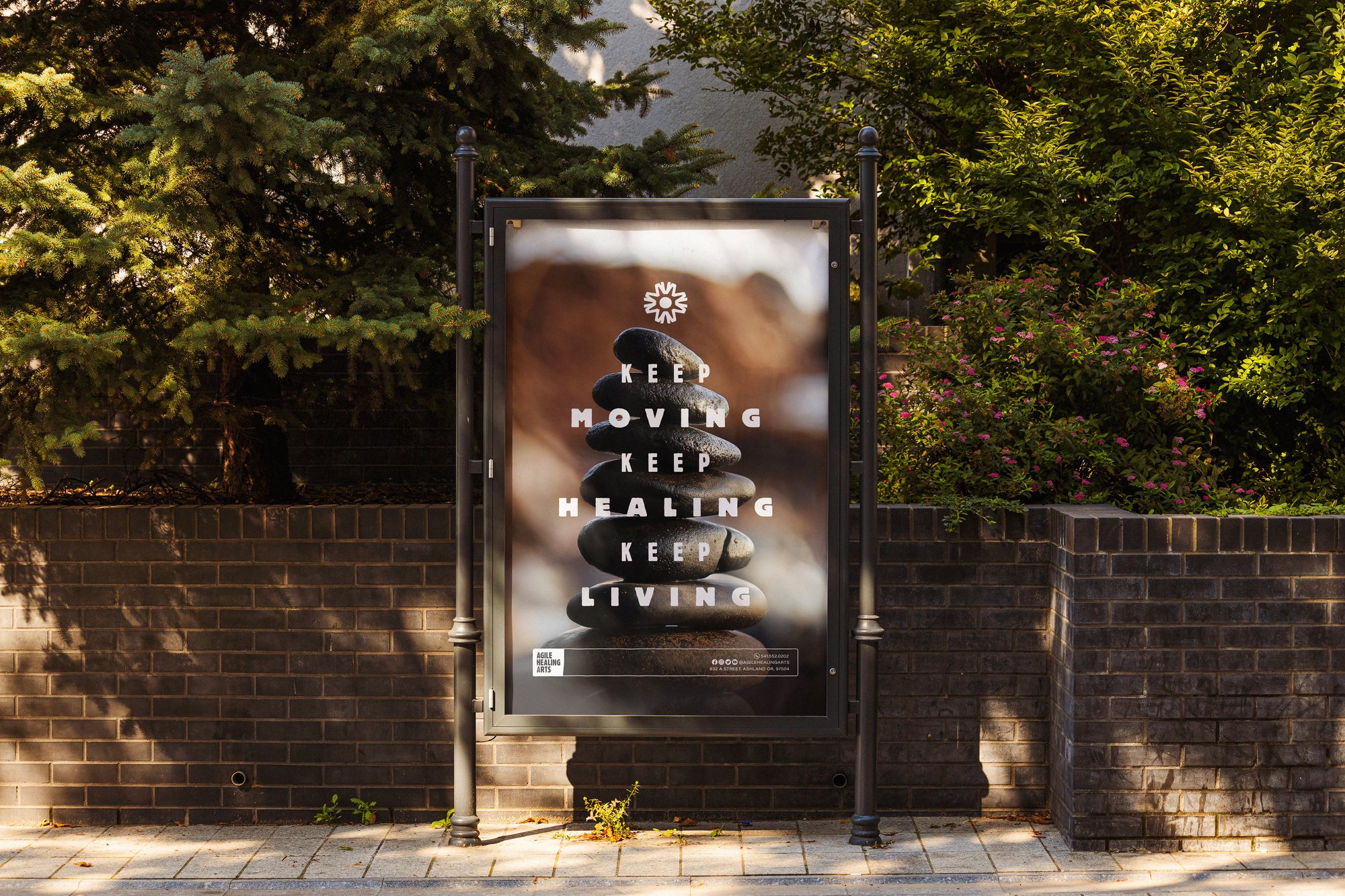 Agile Healing Arts branding — Keep Moving, Keep Healing, Keep Living poster mockup