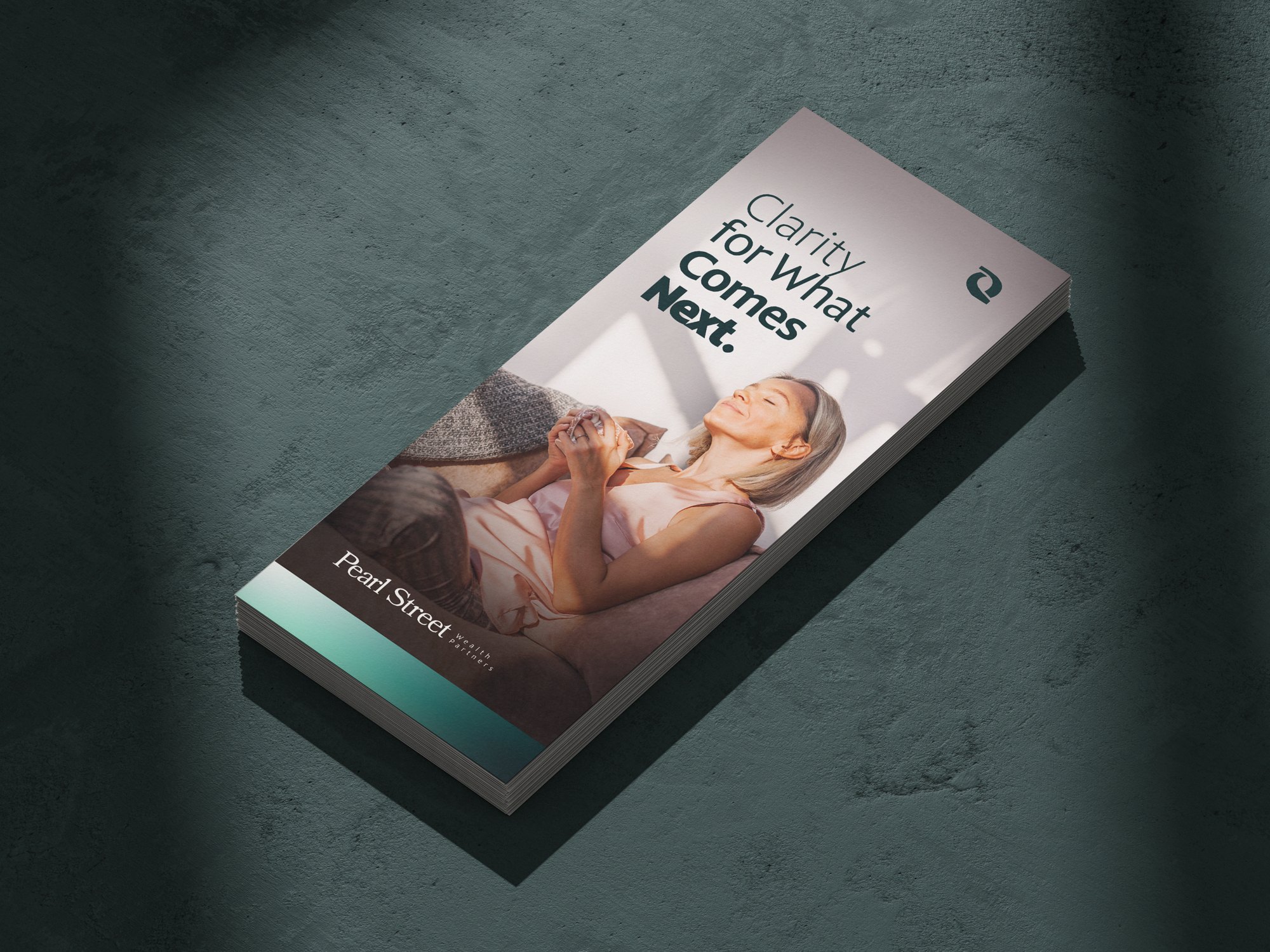 Pearl Street Wealth Partners branding — Clarity for What Comes Next flyer mockup