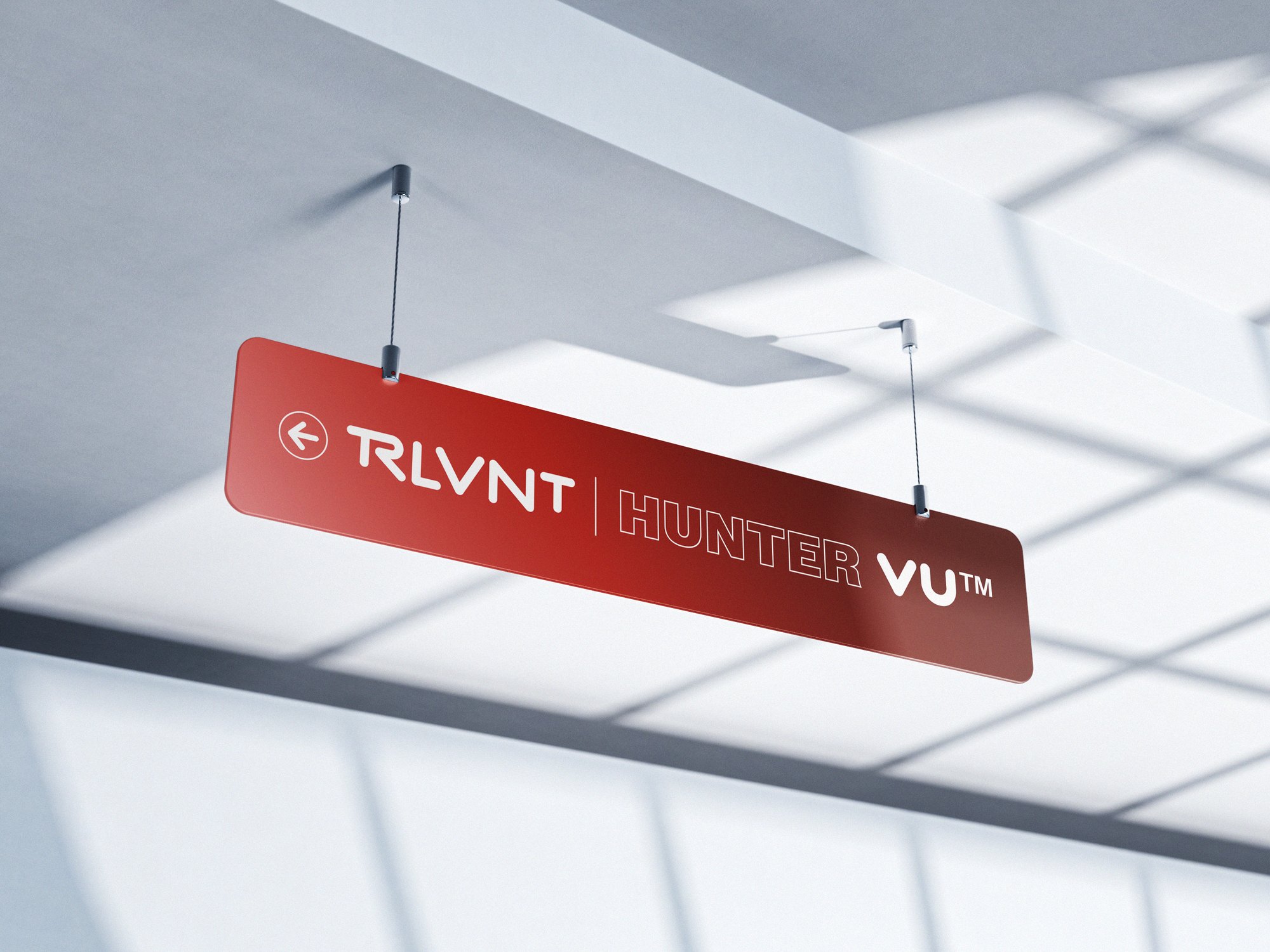 RLVNT HunterVU branding — overhead direction sign mockup