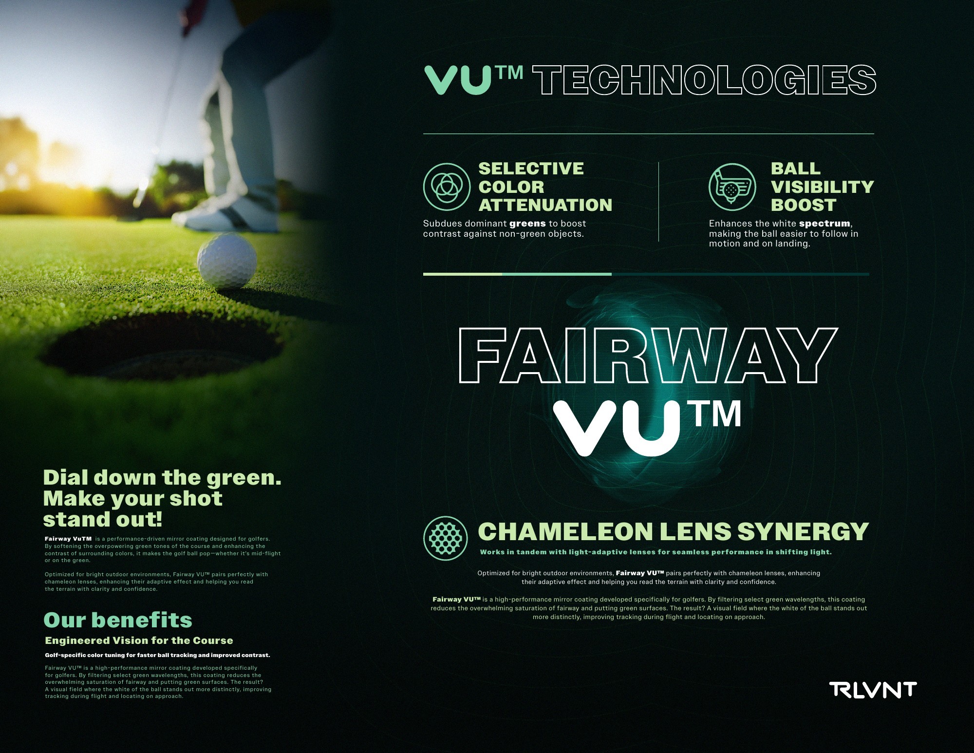 RLVNT FairwayVU trifold brochure — interior golf technology layout
