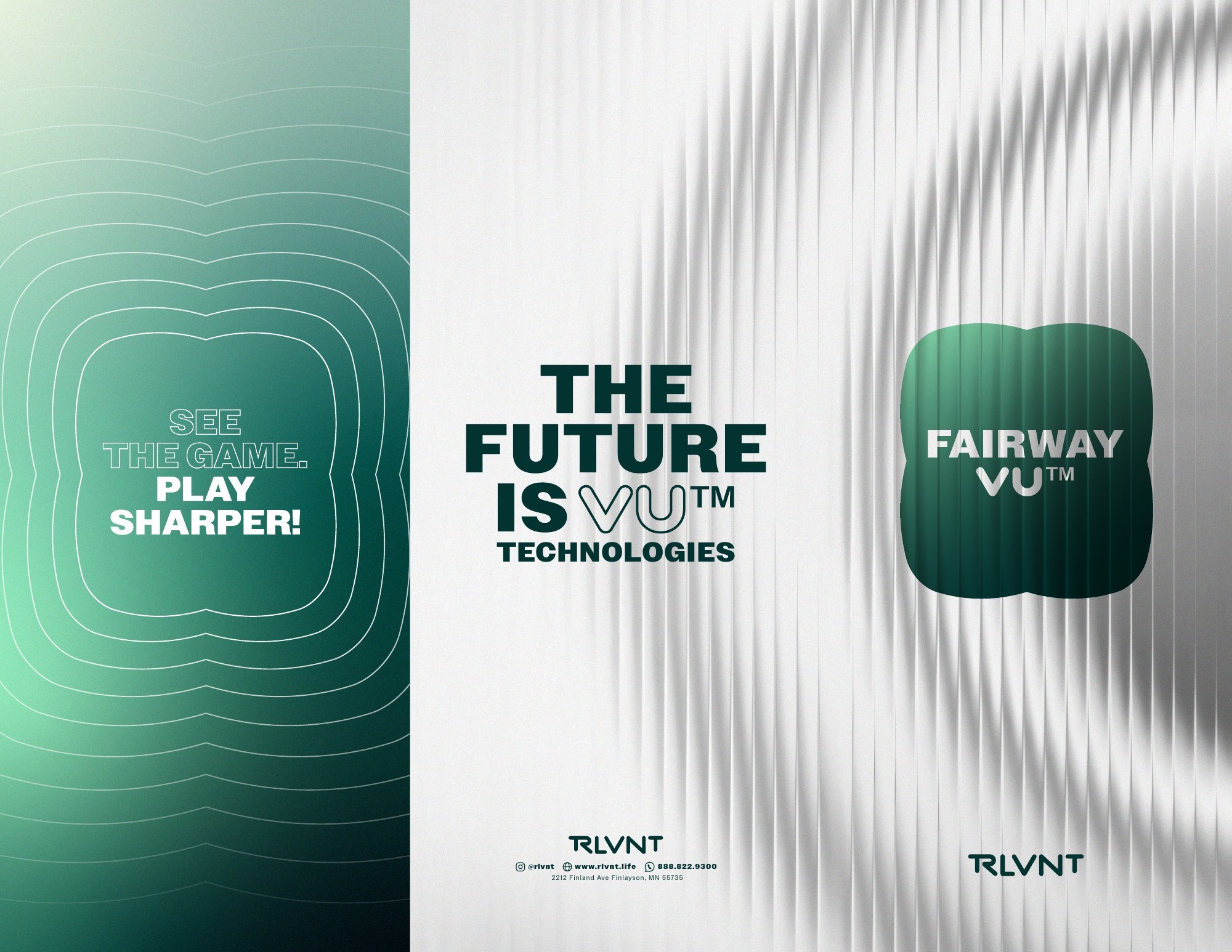 RLVNT FairwayVU trifold brochure — exterior panels with golf technology identity