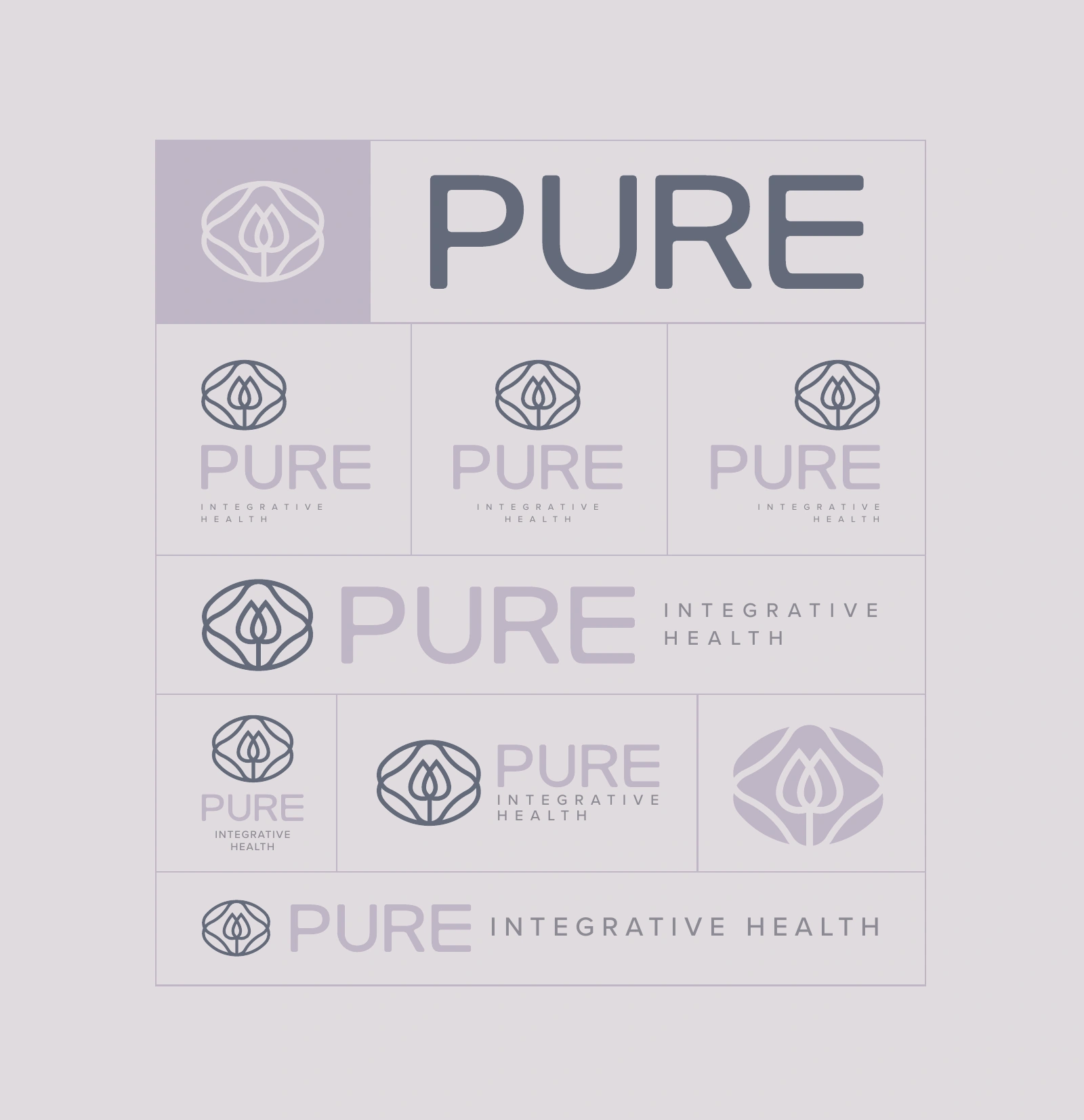 Pure Integrative Health brand guide — alternate logo arrangements and identity system
