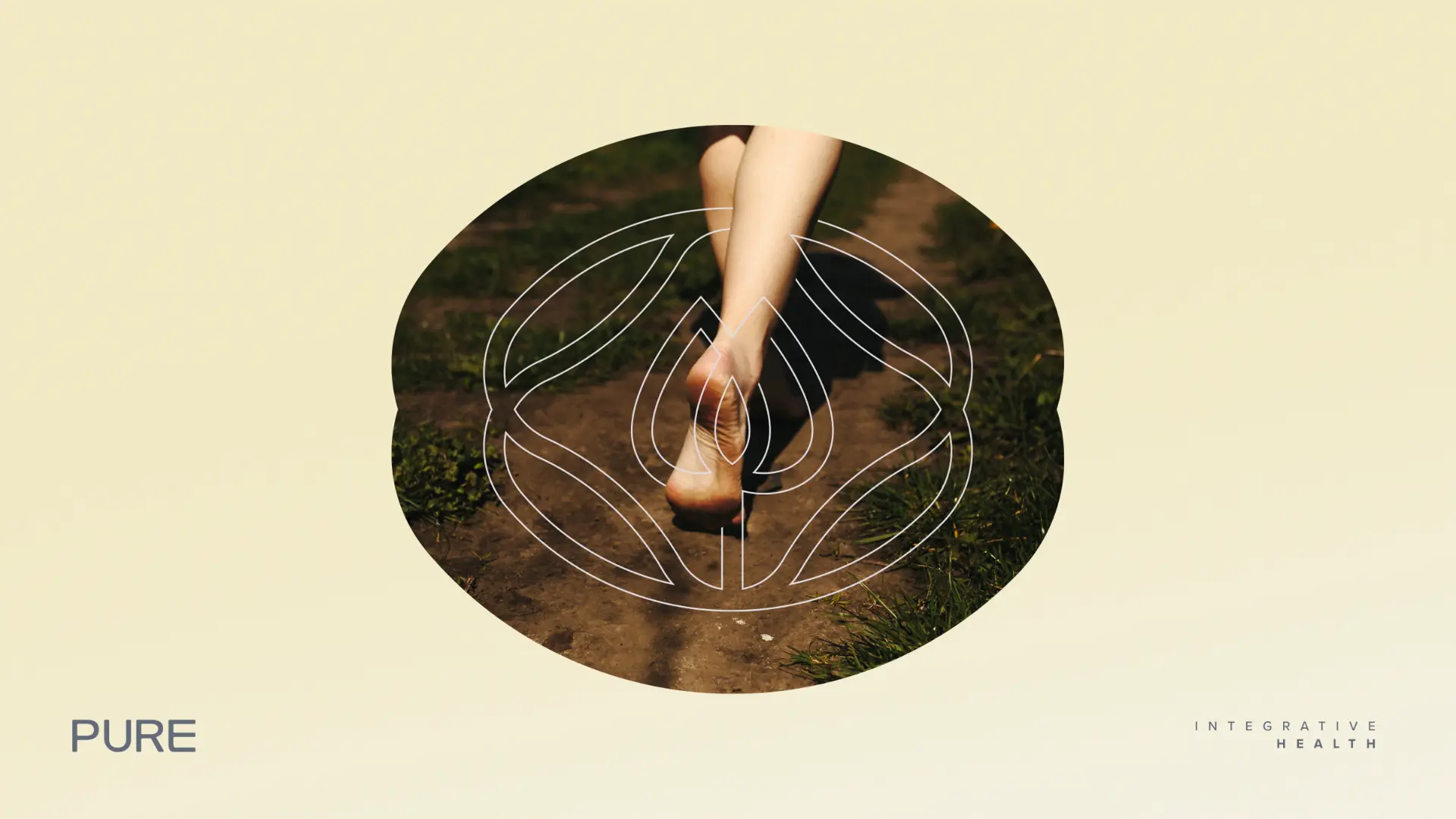 Pure Integrative Health moodboard — nature-inspired symbol over barefoot walking photography
