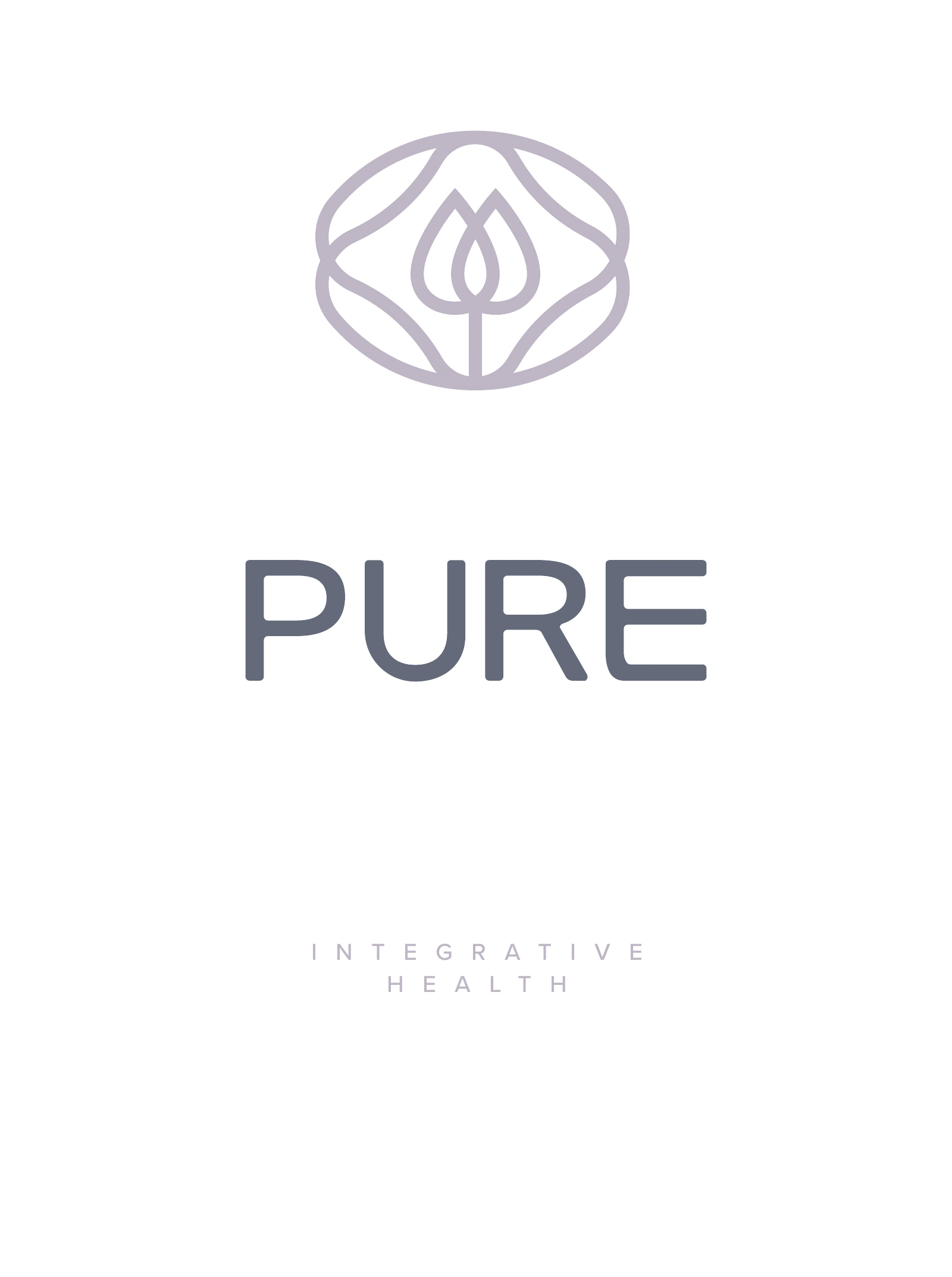 Pure Integrative Health brand guide — primary symbol and stacked PURE wordmark