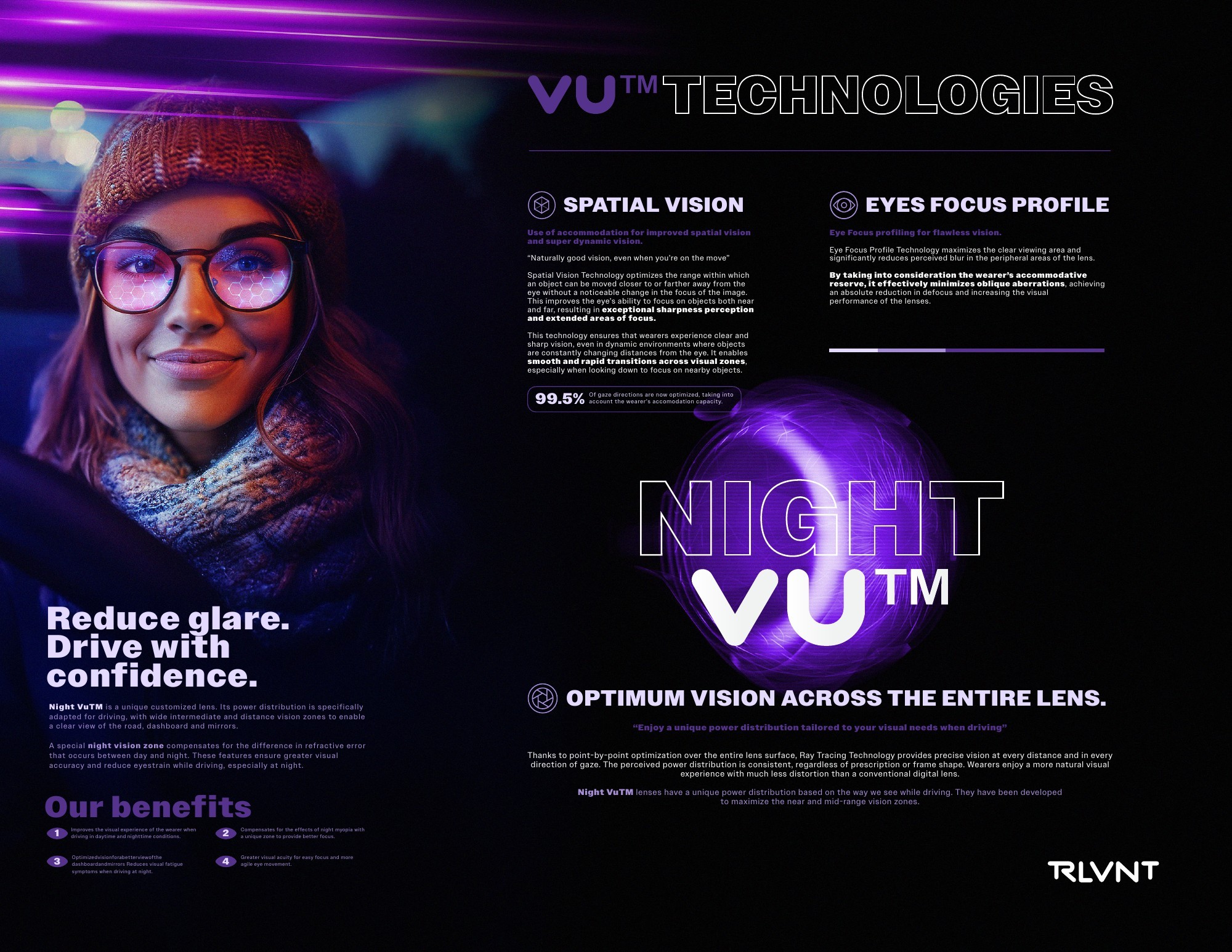 RLVNT NightVU trifold brochure — interior driving technology layout