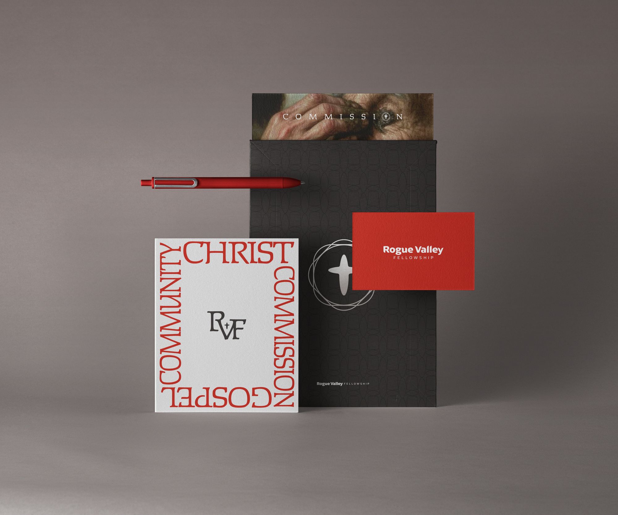 Rogue Valley Fellowship branding — logo construction for the community cross mark