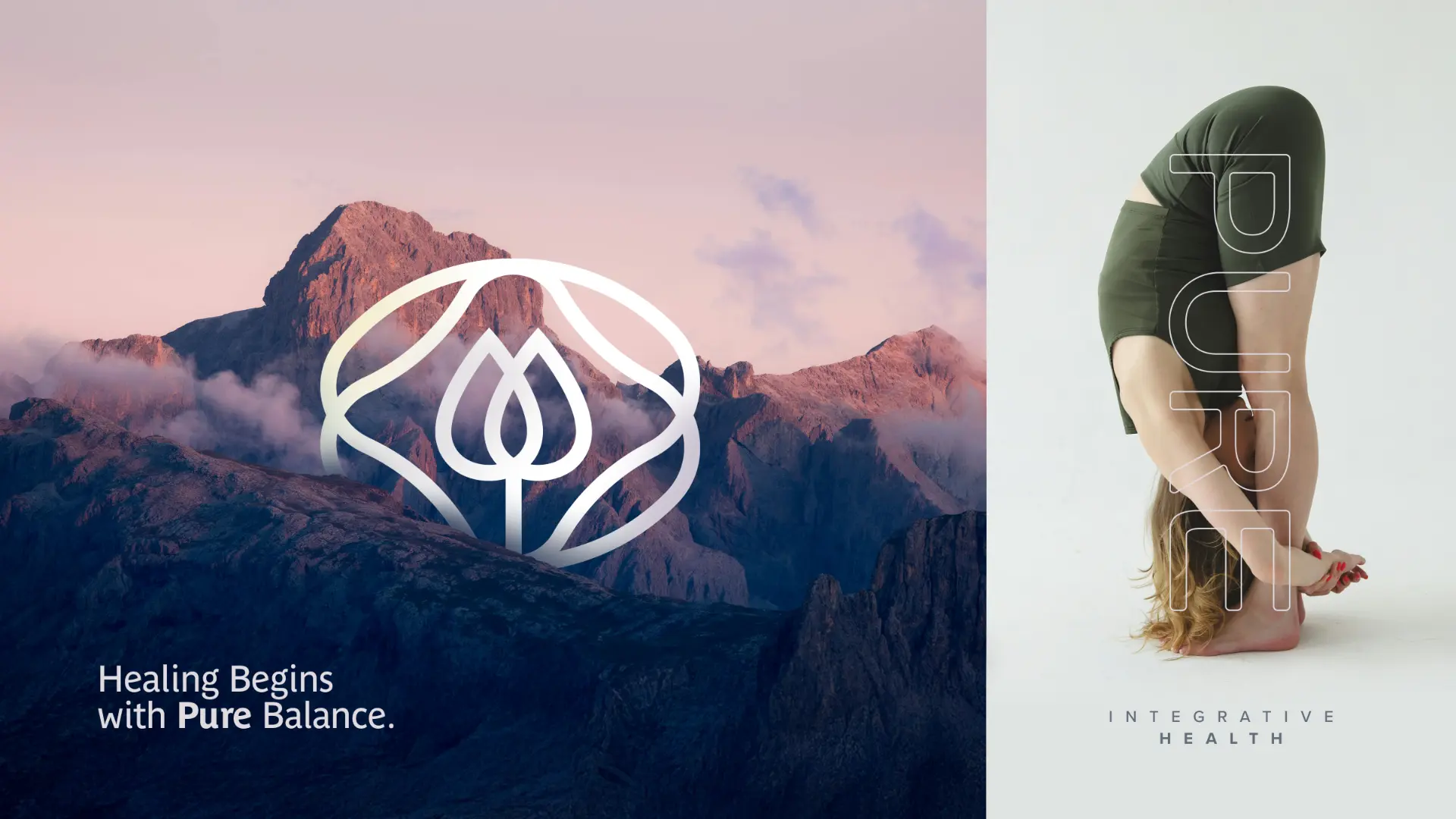 Pure Integrative Health moodboard — nature-inspired symbol over mountains and a yoga pose with outlined PURE lettering