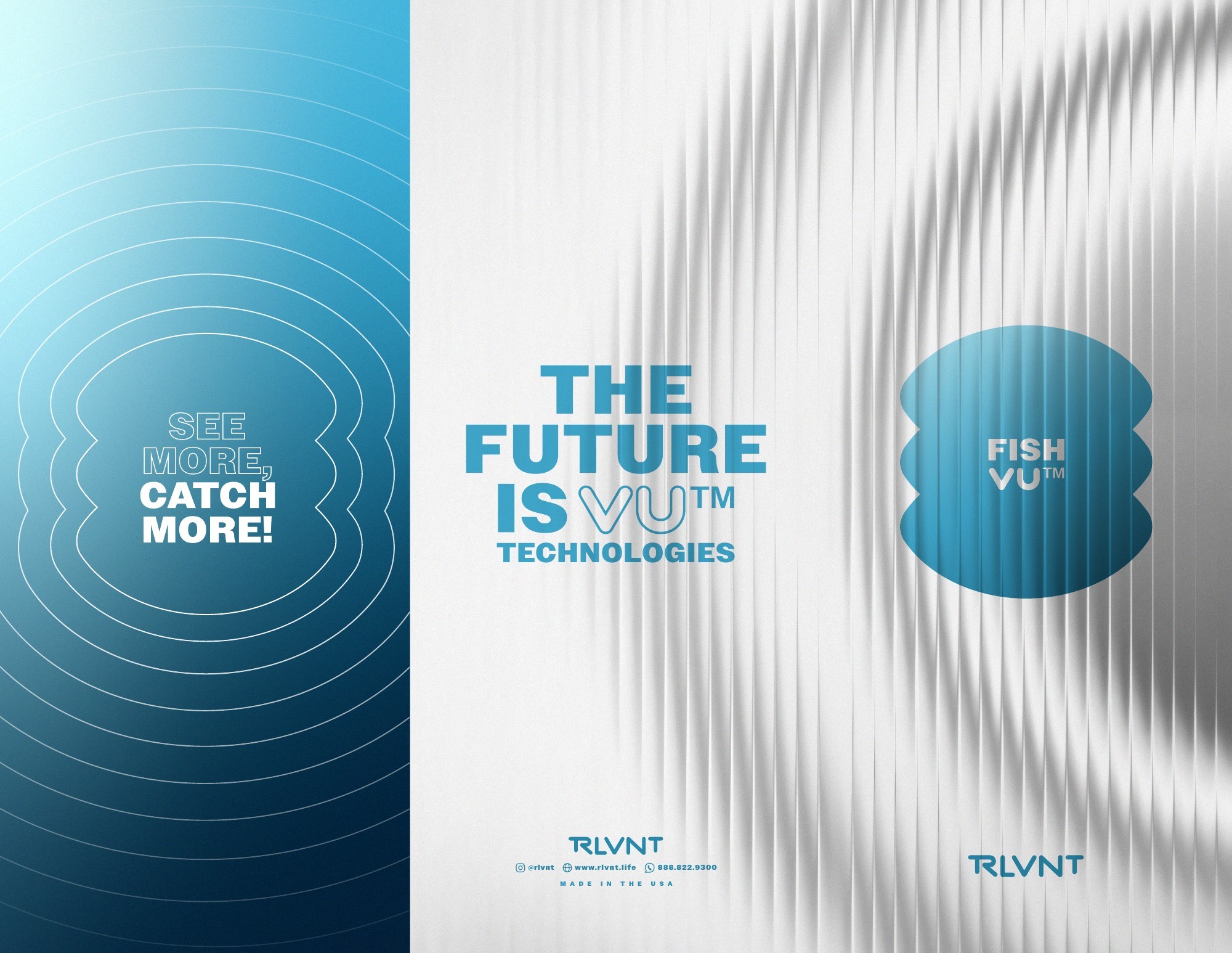 RLVNT FishVU trifold brochure — exterior panels with fishing technology identity