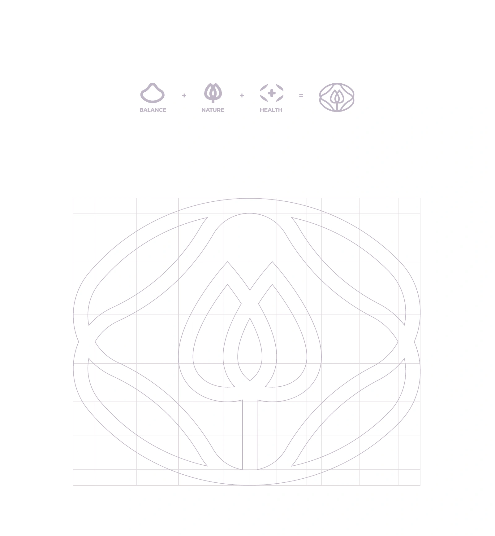 Pure Integrative Health brand guide — balance, nature and health concepts with logo construction grid