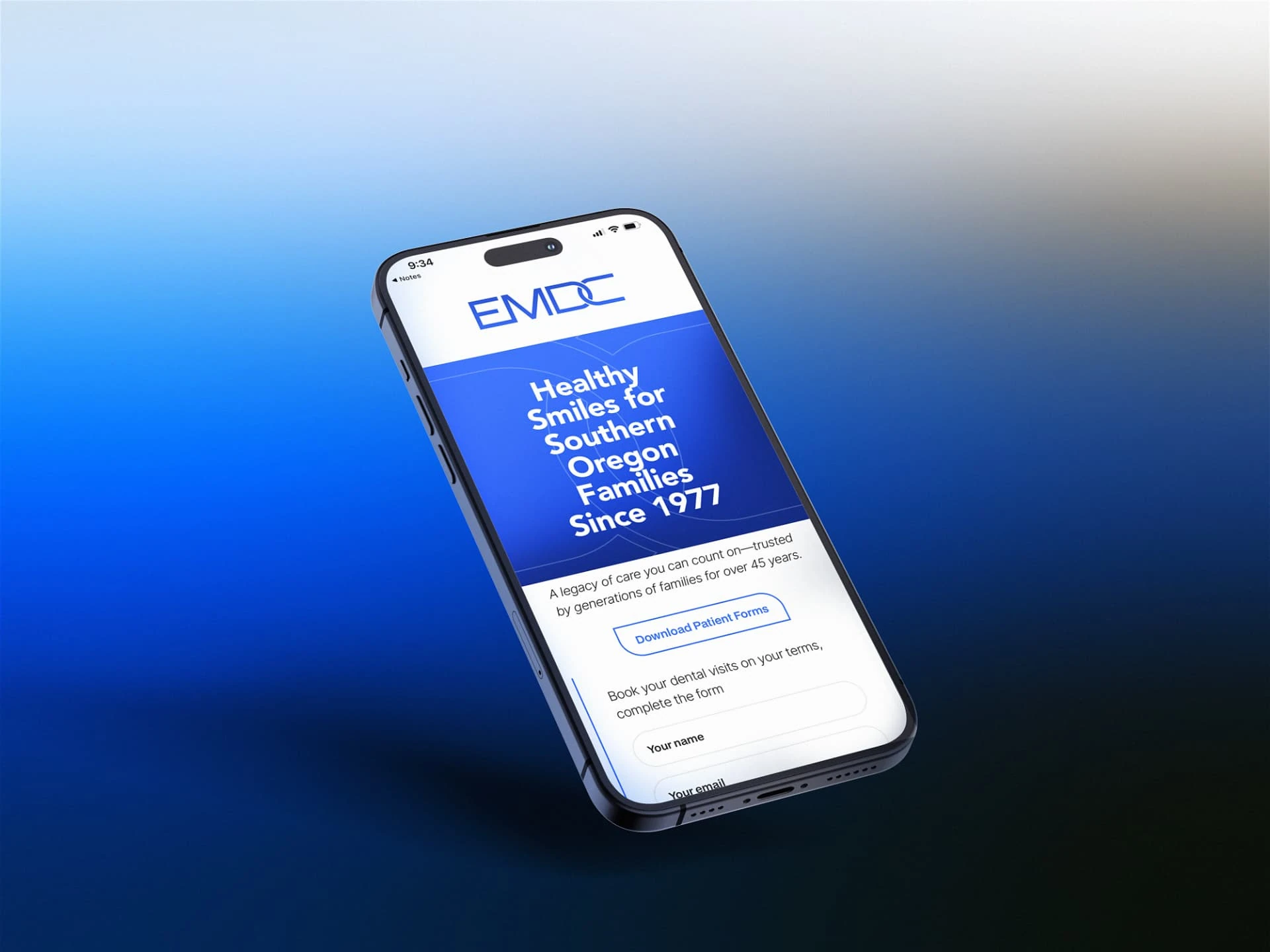 East Main Dental Center website — mobile screen mockup with the EMDC identity