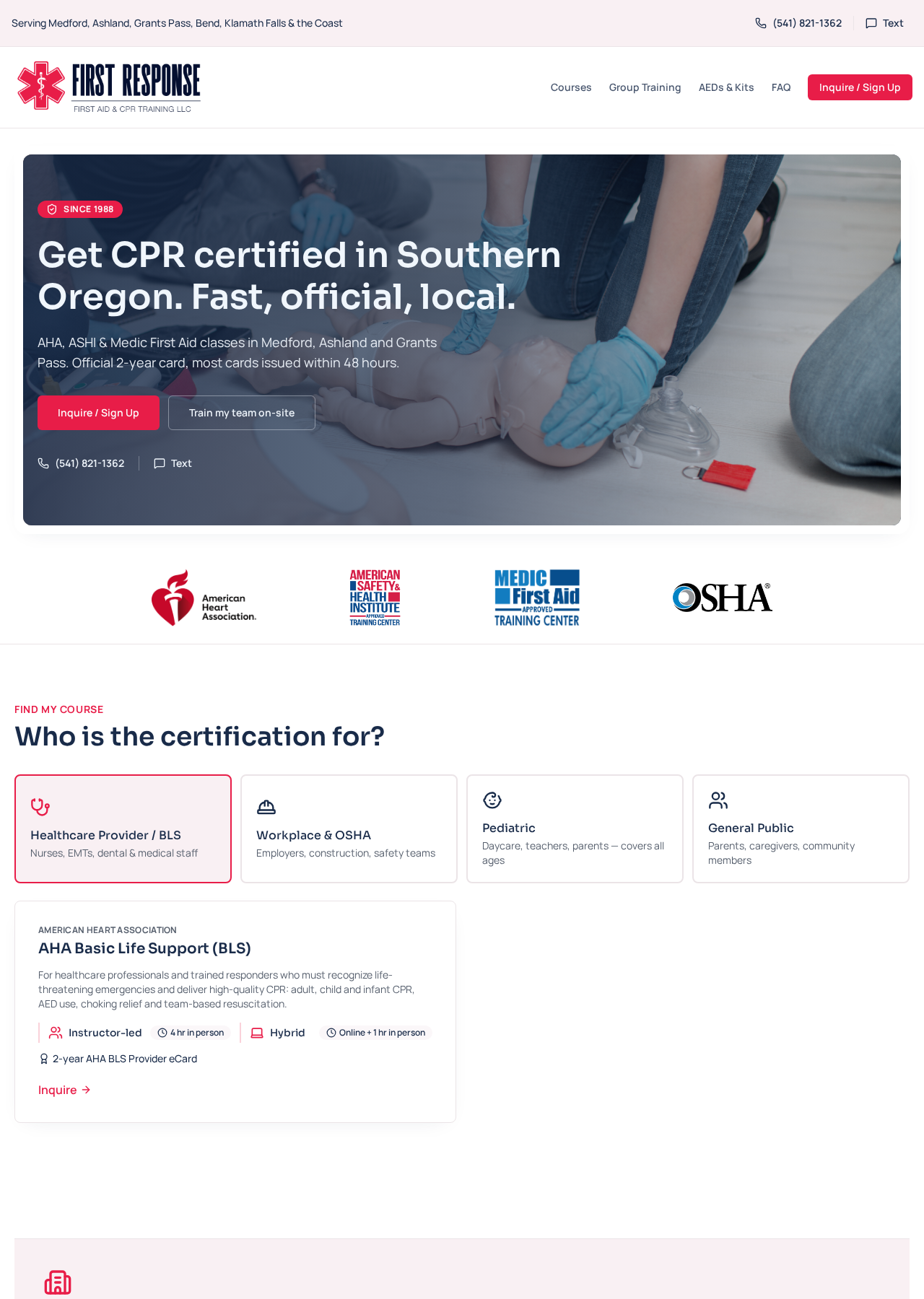 First Response website with CPR training, audience-based course discovery and group-training inquiries.