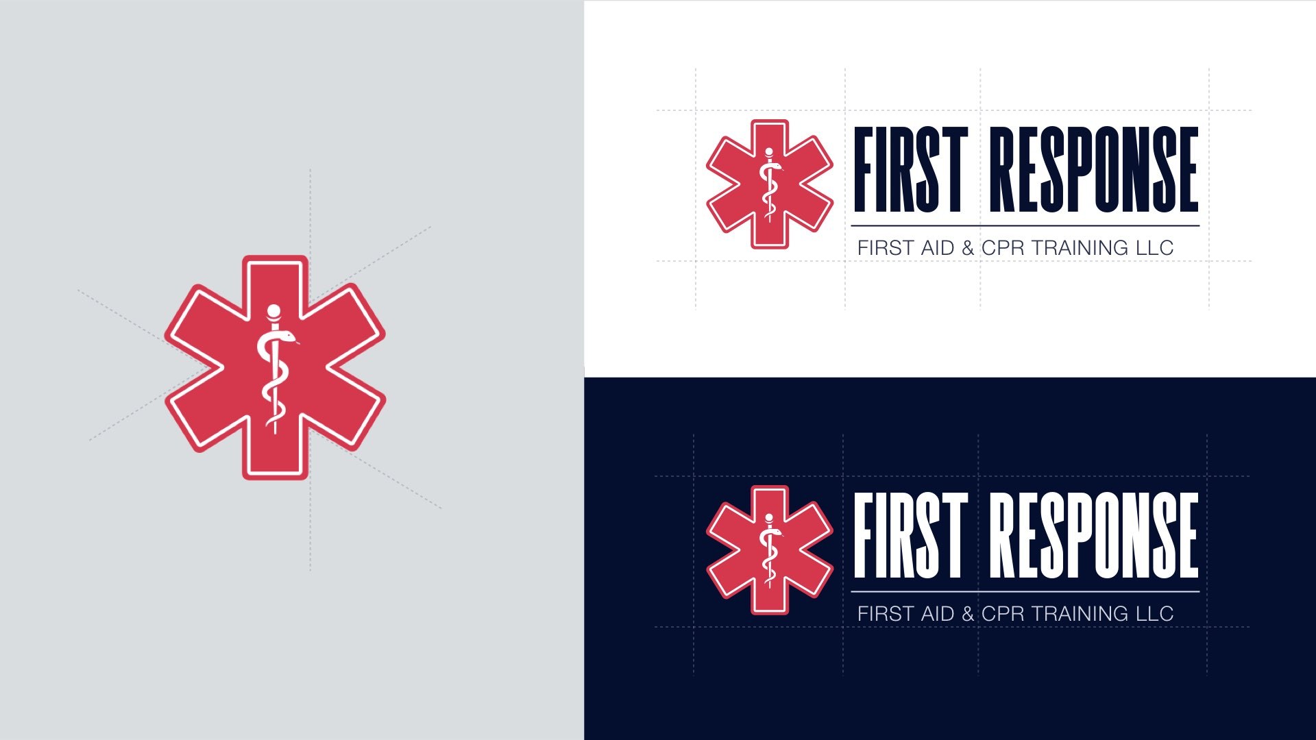 First Response brand guide showing the Star of Life logo lockups on light and navy backgrounds.