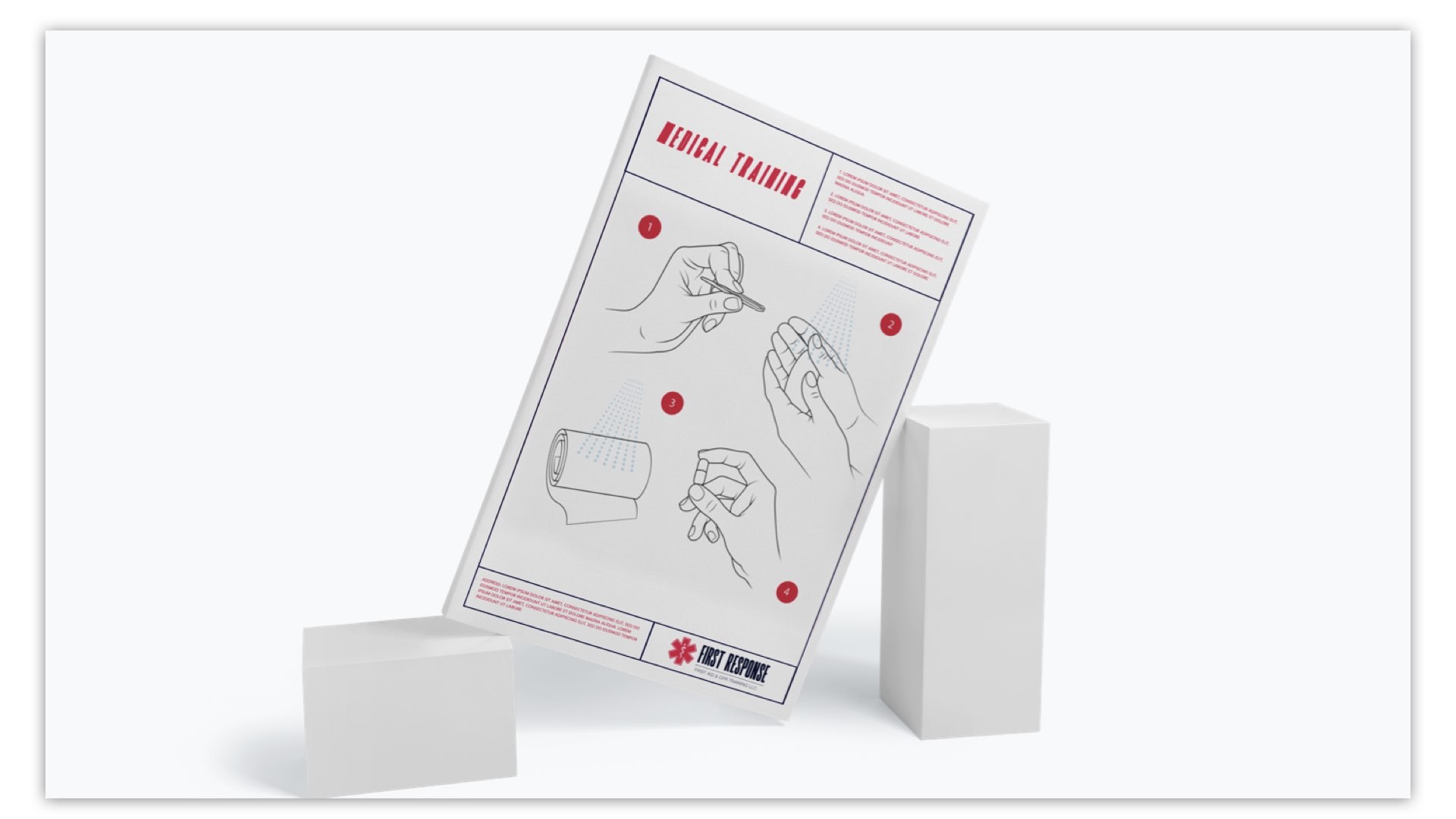 First Response medical training poster mockup with illustrated first-aid steps.